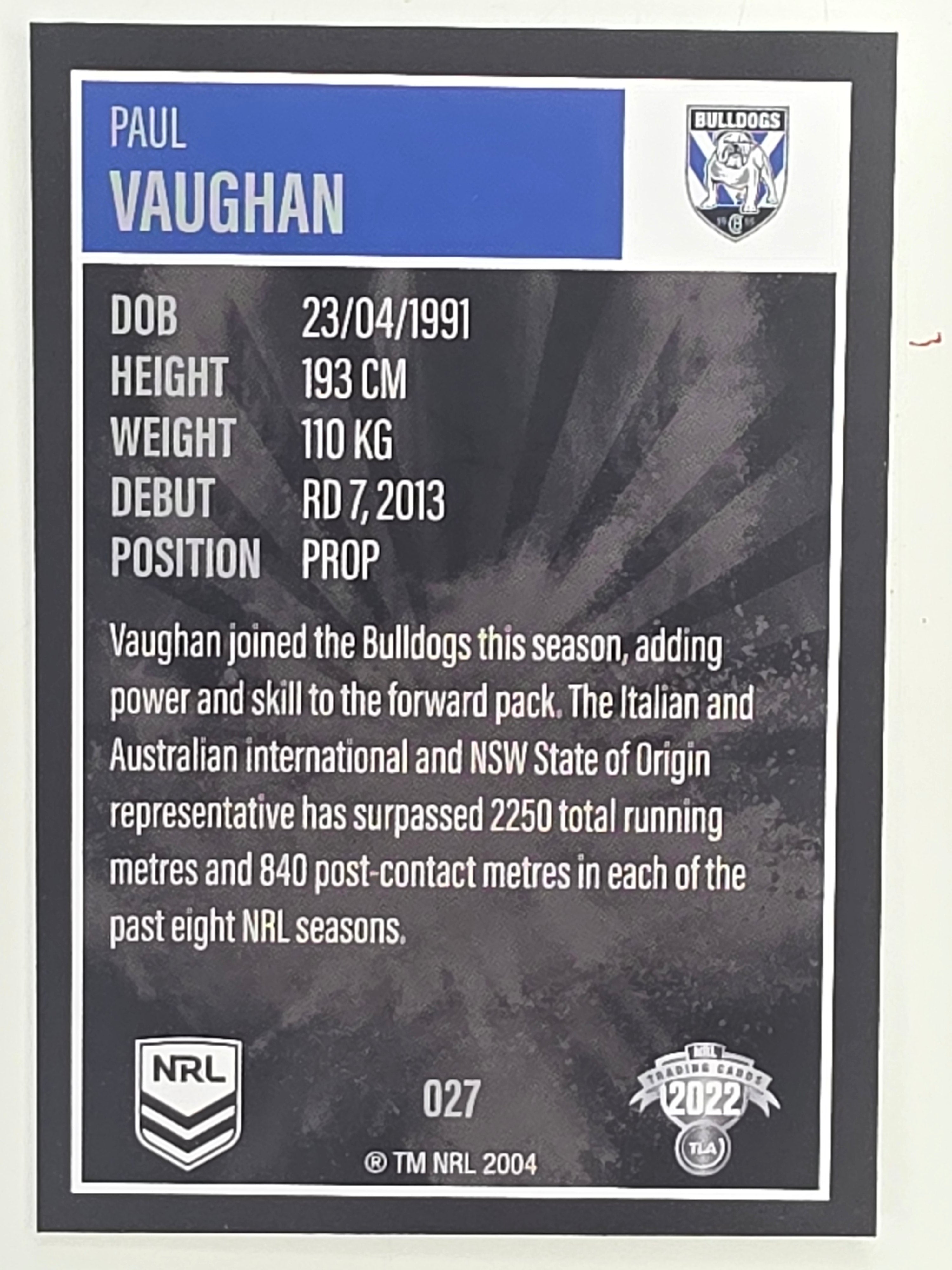 NRL 2022 Elite Base Card #027 Paul Vaughan Canterbury Bankstown Bulldogs