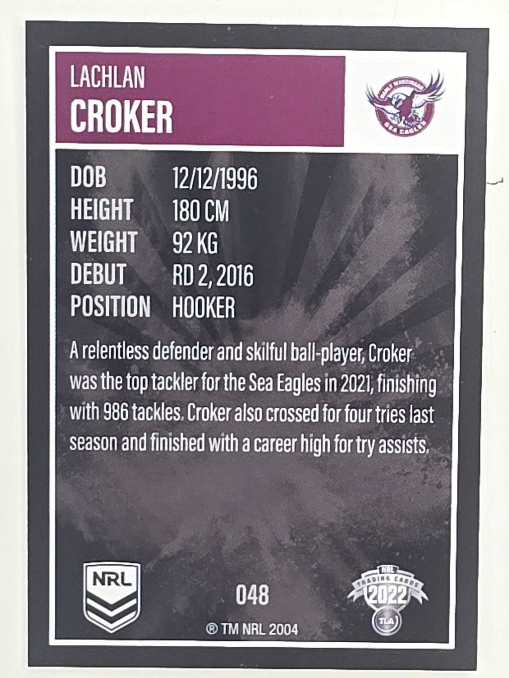 NRL 2022 Elite Base Card #048 Lachlan Croker Manly Warringah Sea Eagles