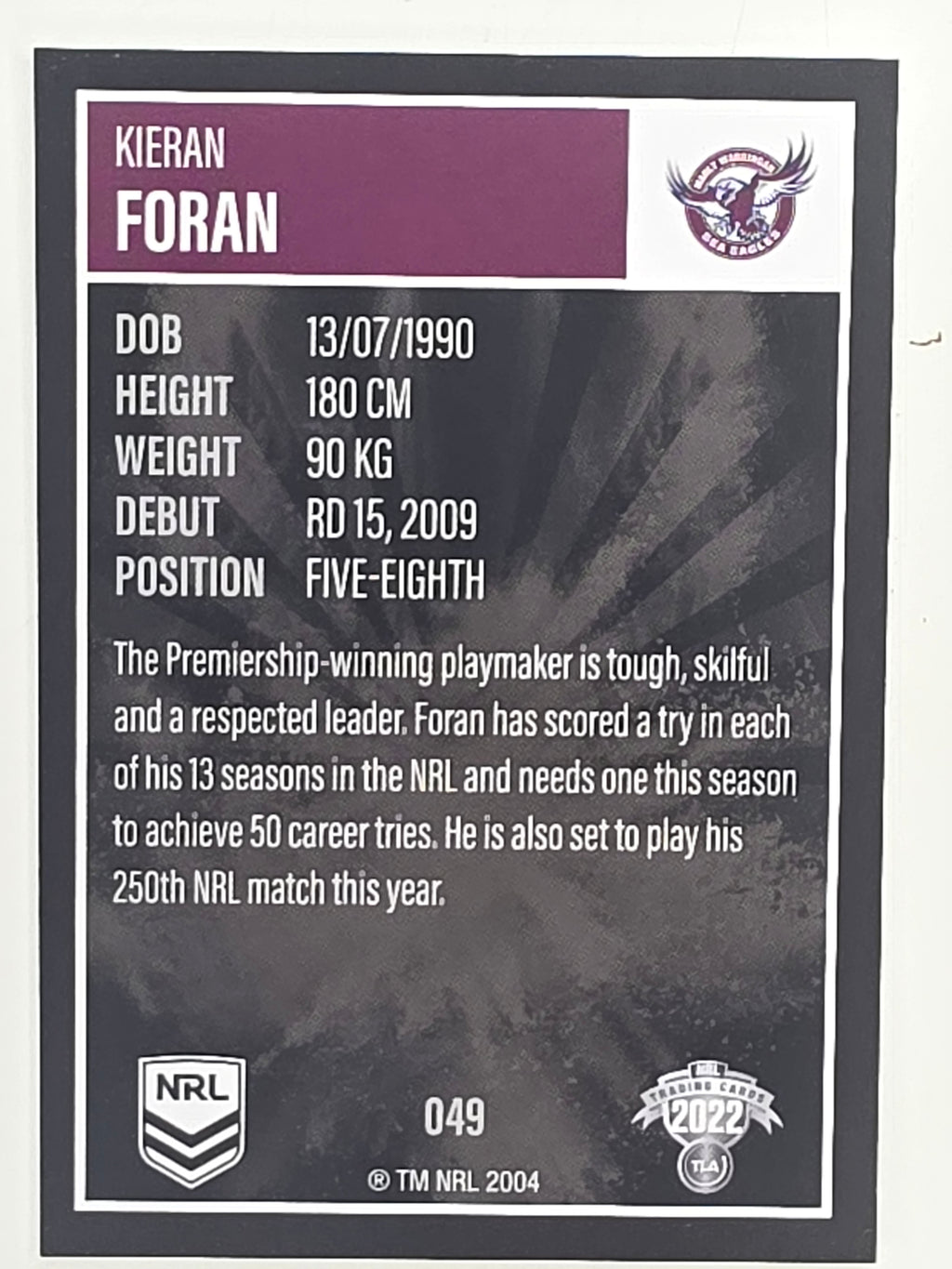 NRL 2022 Elite Base Card #049 Kieran Foran Manly Warringah Sea Eagles