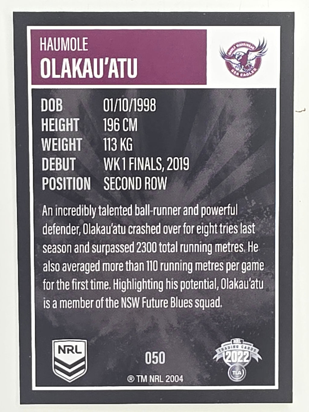NRL 2022 Elite Base Card #051 Haumole Olakau’atu Manly Warringah Sea Eagles