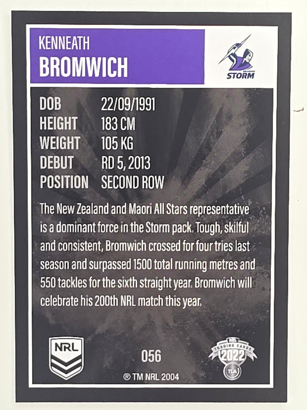 NRL 2022 Elite Base Card #056 Kenneath Bromwich Melbourne Storm