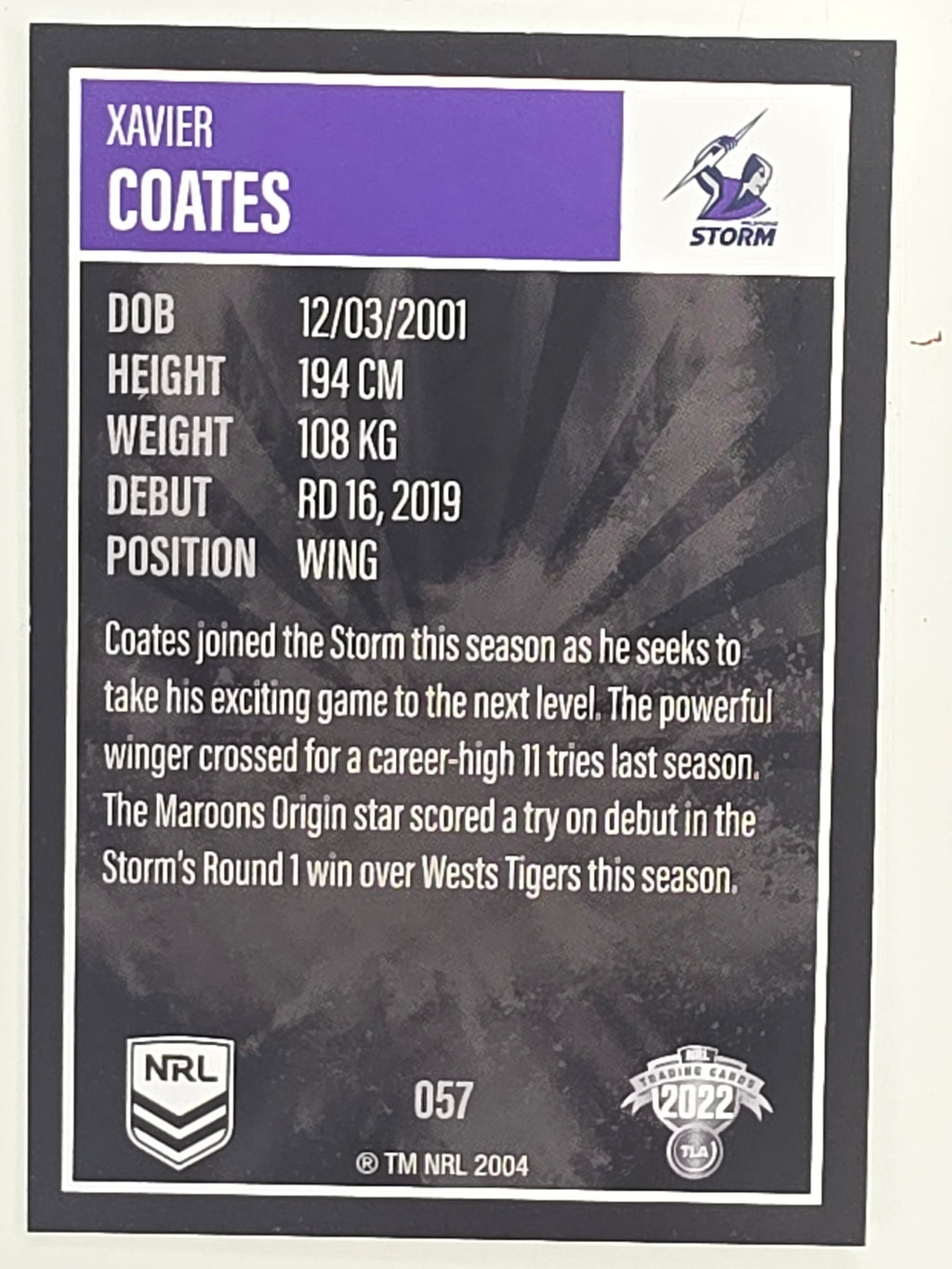 NRL 2022 Elite Base Card #057 Xavier Coates Melbourne Storm