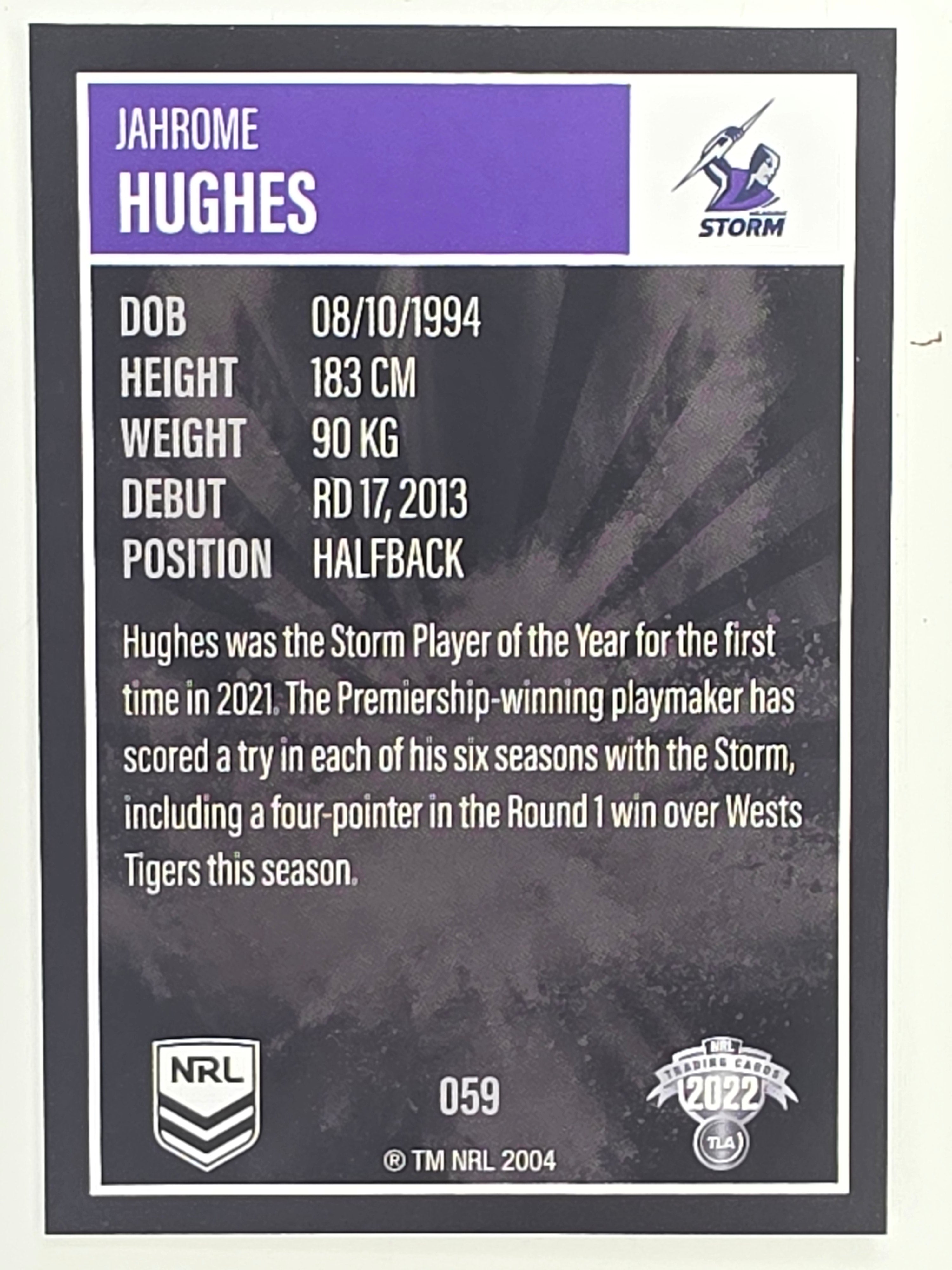NRL 2022 Elite Base Card #059 Jahrome Hughes Melbourne Storm