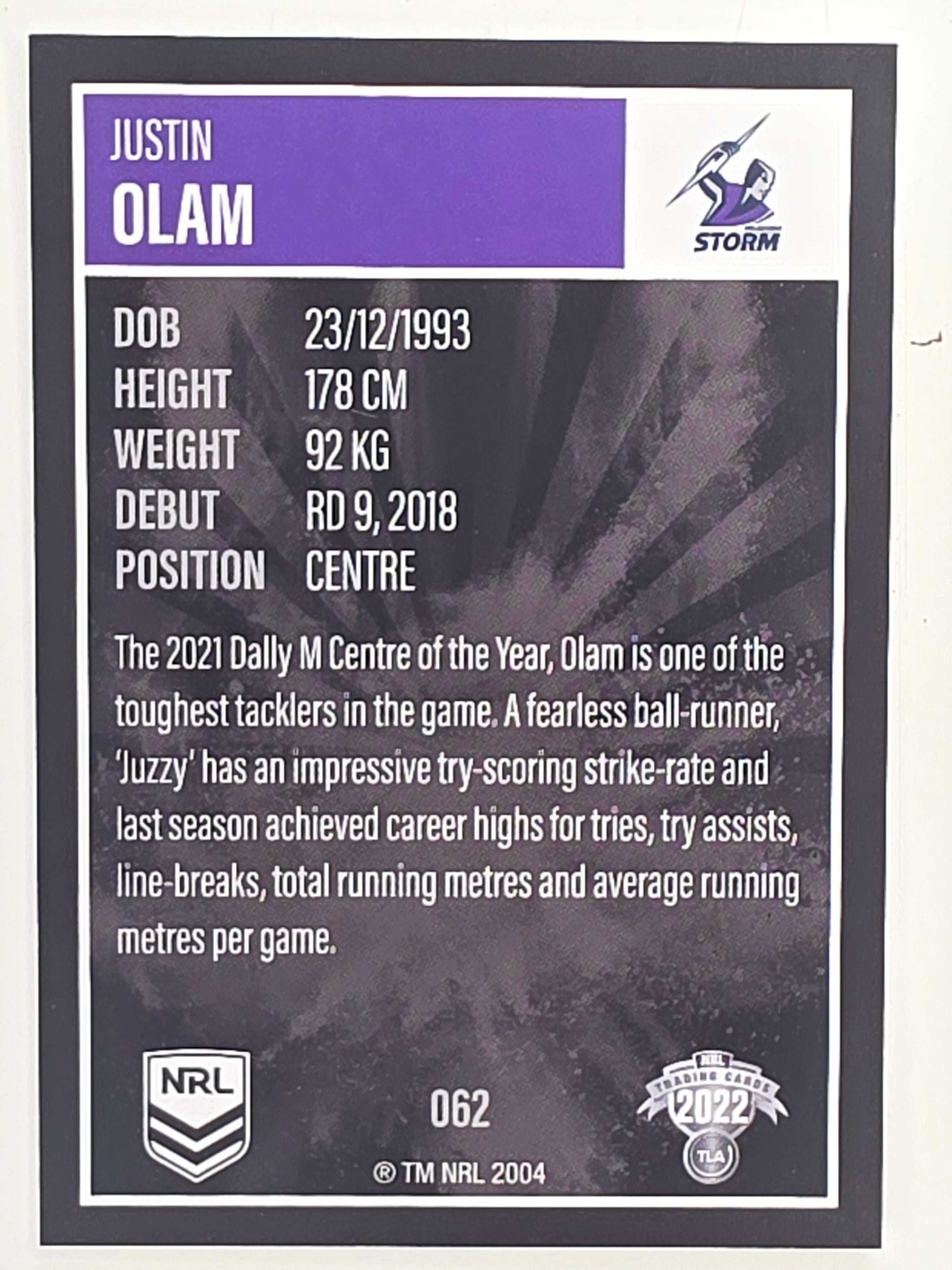 NRL 2022 Elite Base Card #062 Justin Olam Melbourne Storm