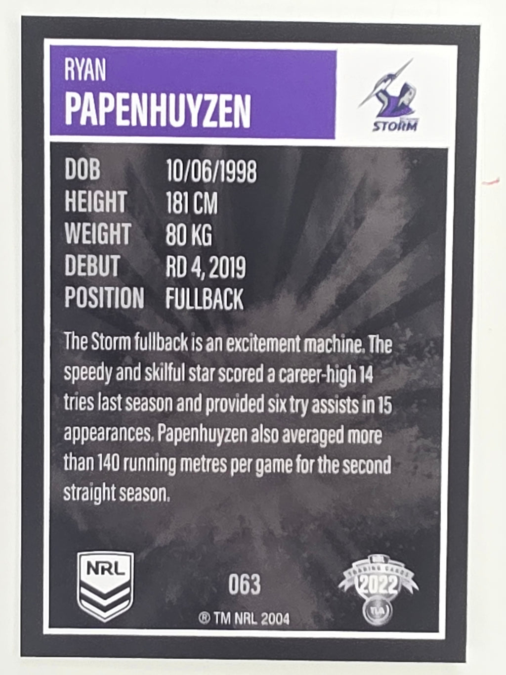 NRL 2022 Elite Base Card #063 Ryan Papenhuyzen Melbourne Storm
