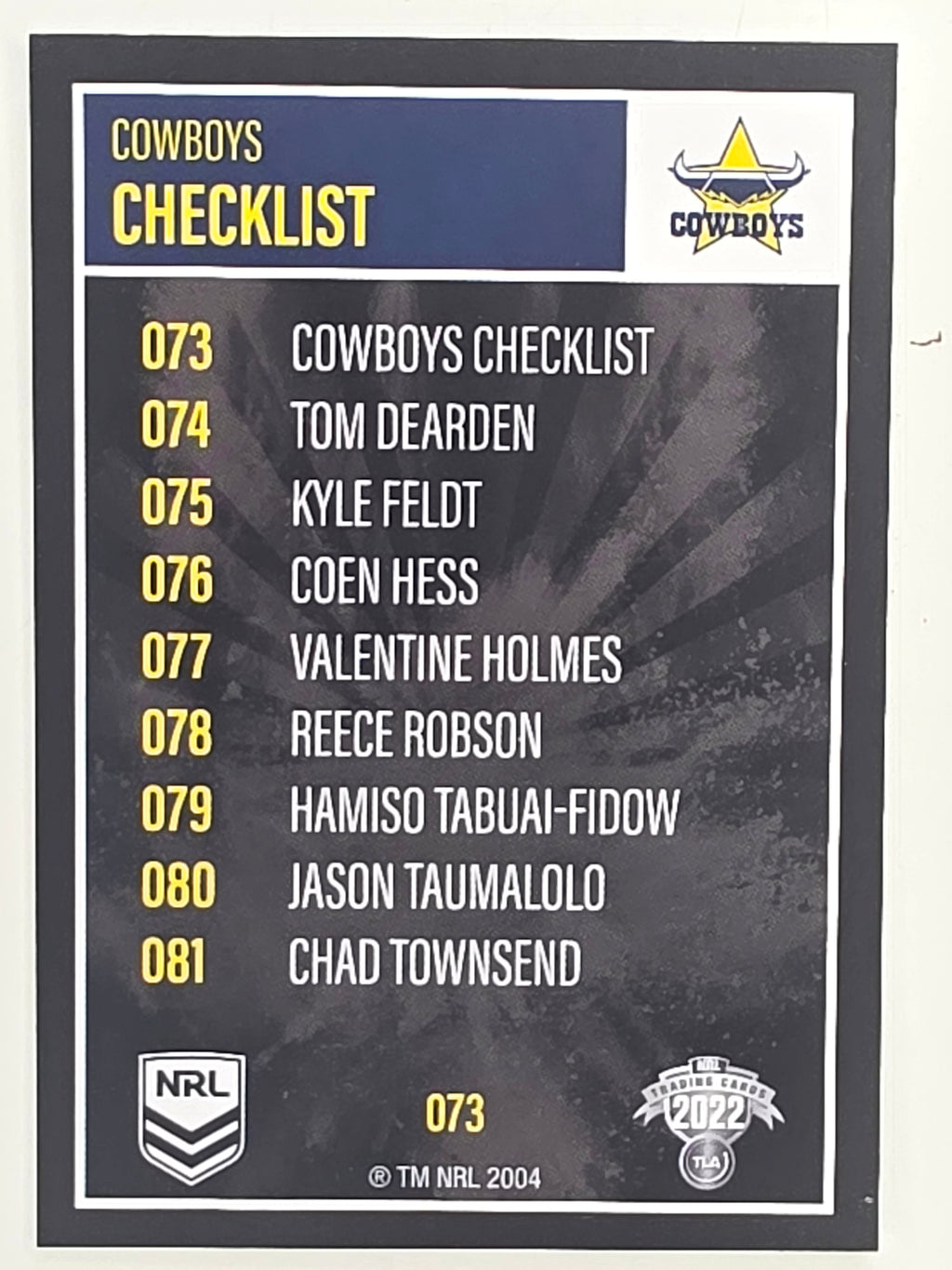 NRL 2022 Elite Base Card #073 Cowboys Checklist North Queensland Cowboys