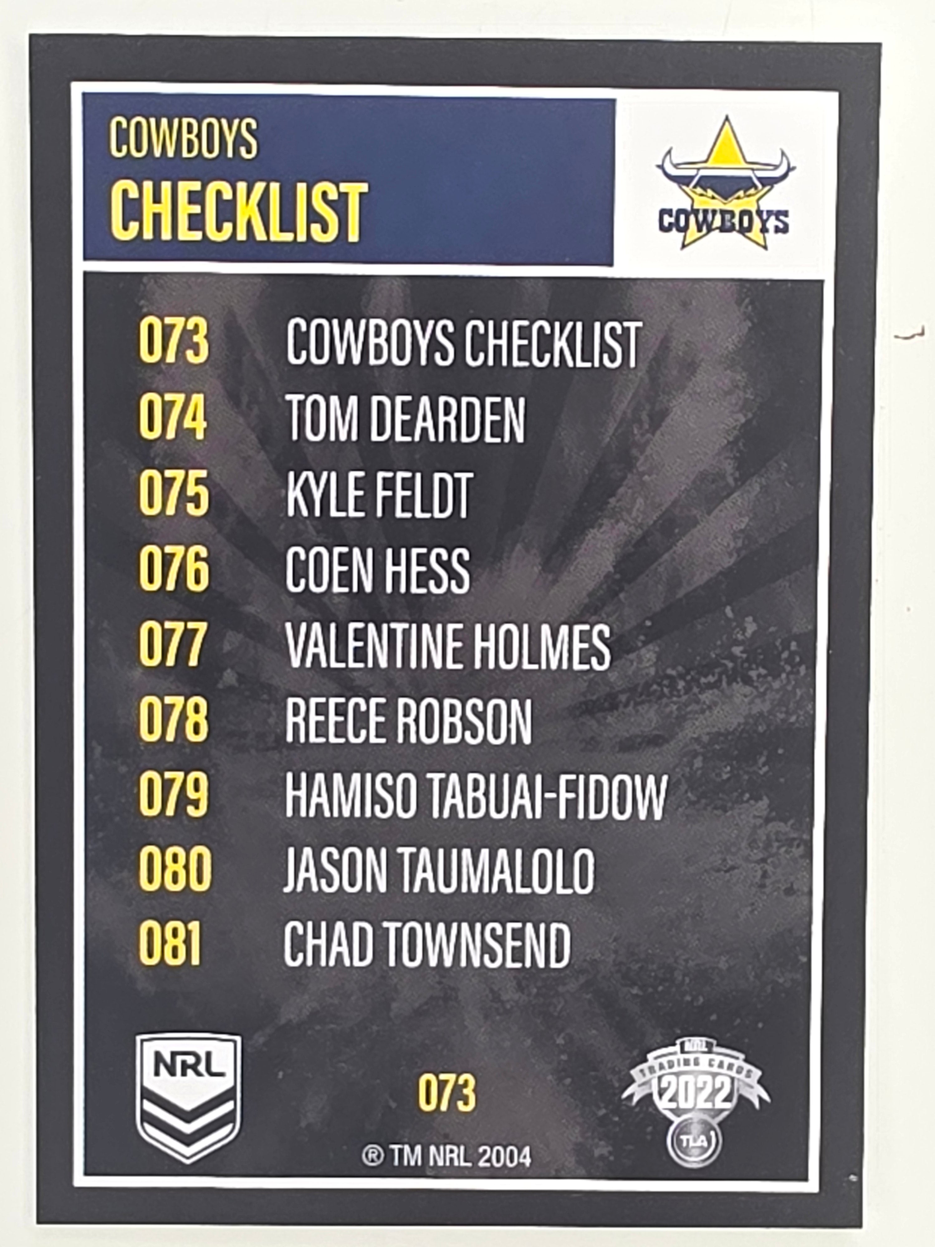 NRL 2022 Elite Base Card #073 Cowboys Checklist North Queensland Cowboys