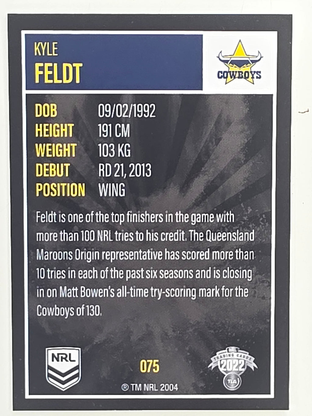 NRL 2022 Elite Base Card #075 Kyle Feldt North Queensland Cowboys