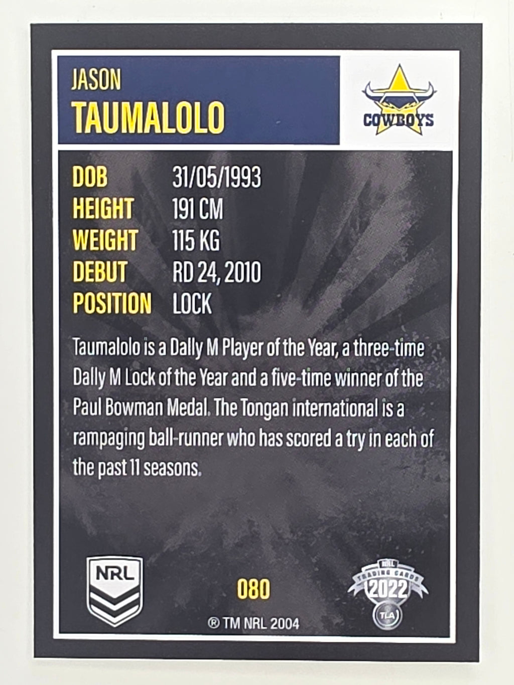 NRL 2022 Elite Base Card #080 Jason Taumalolo North Queensland Cowboys