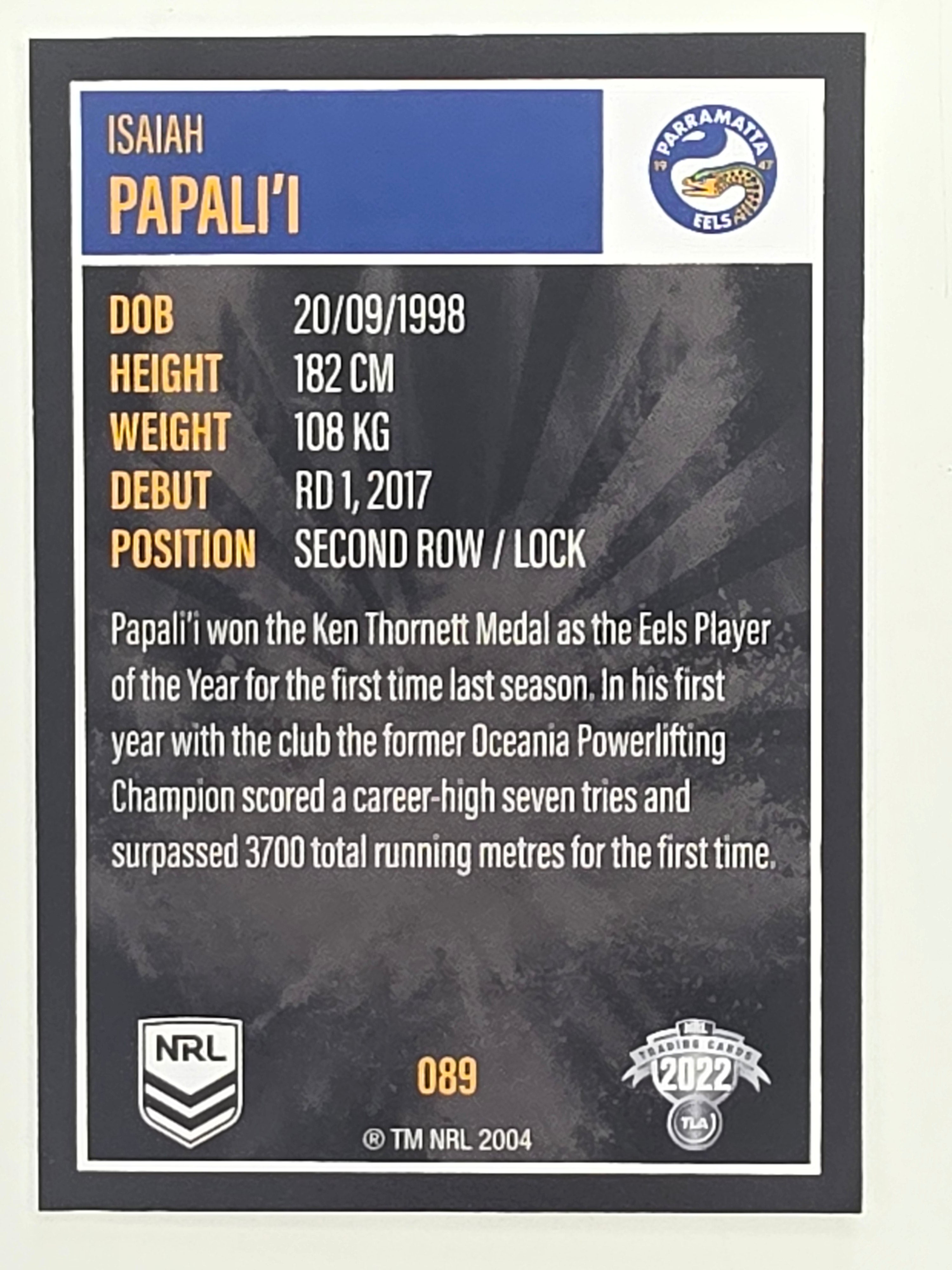 NRL 2022 Elite Base Card #089 Isaiah Papali’i Parramatta Eels