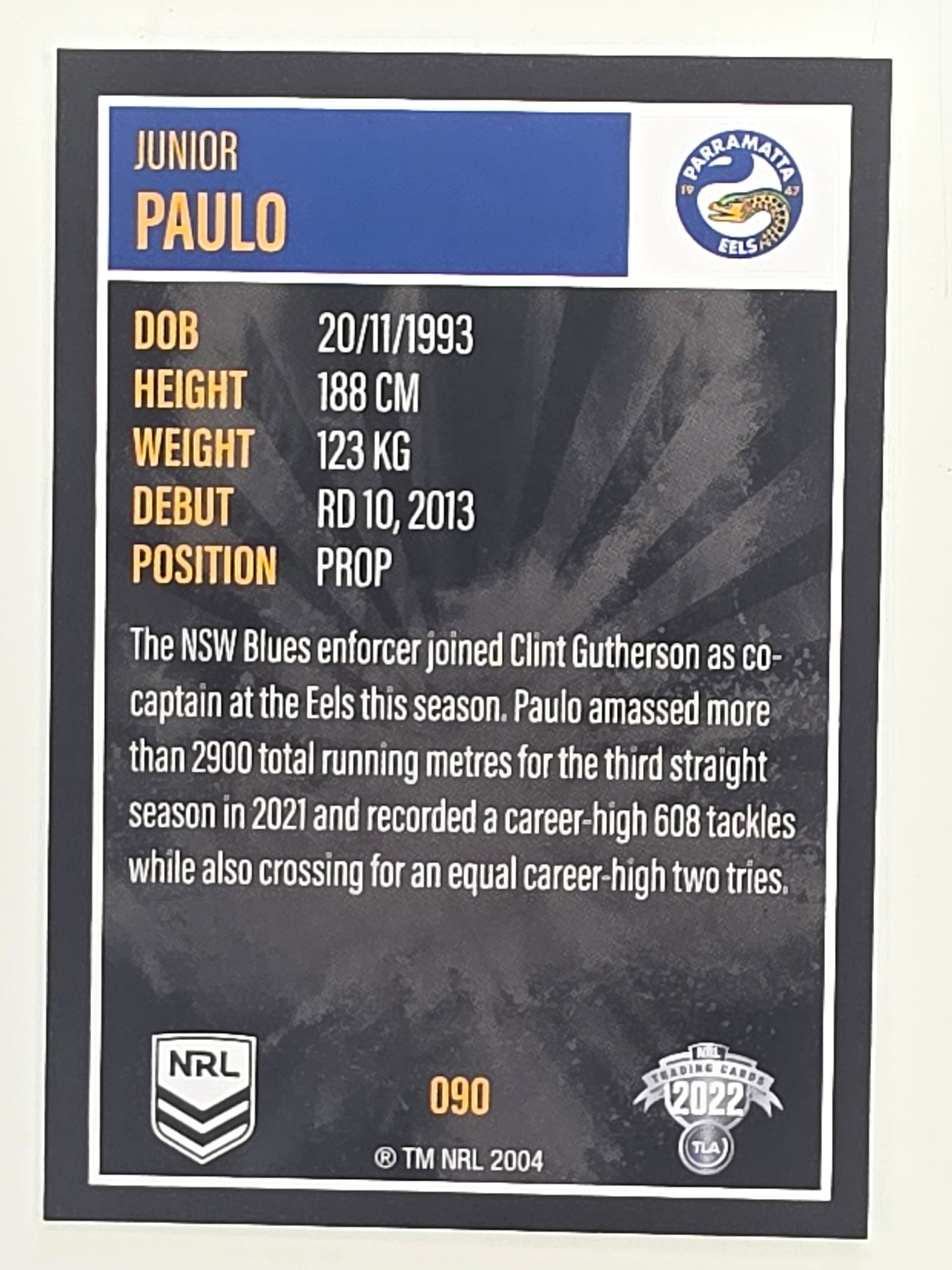 NRL 2022 Elite Base Card #090 Junior Paulo Parramatta Eels
