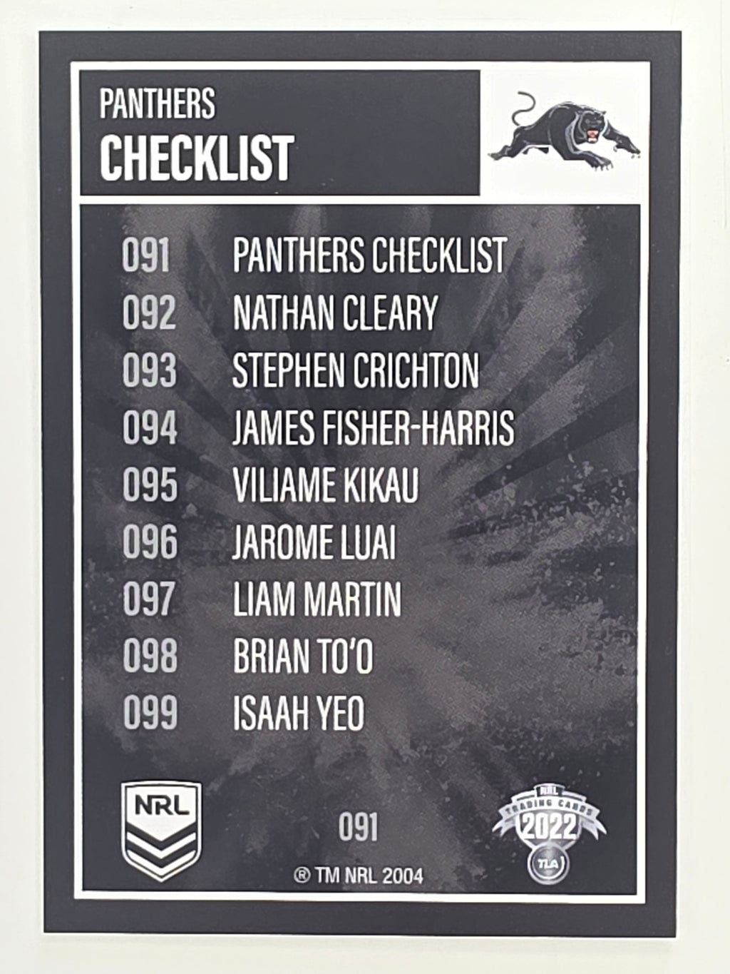 NRL 2022 Elite Base Card #091 Panthers Checklist Penrith Panthers