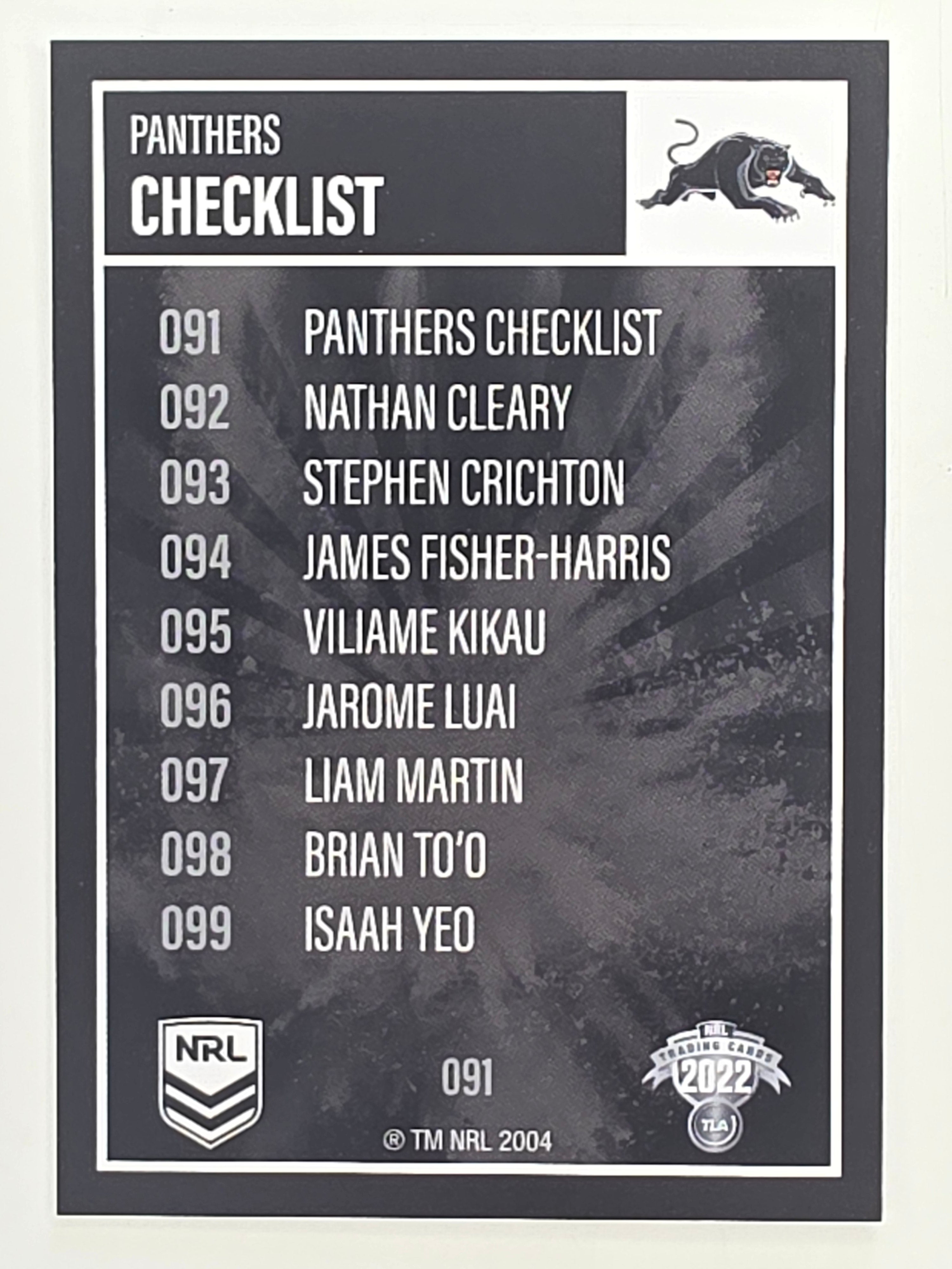 NRL 2022 Elite Base Card #091 Panthers Checklist Penrith Panthers