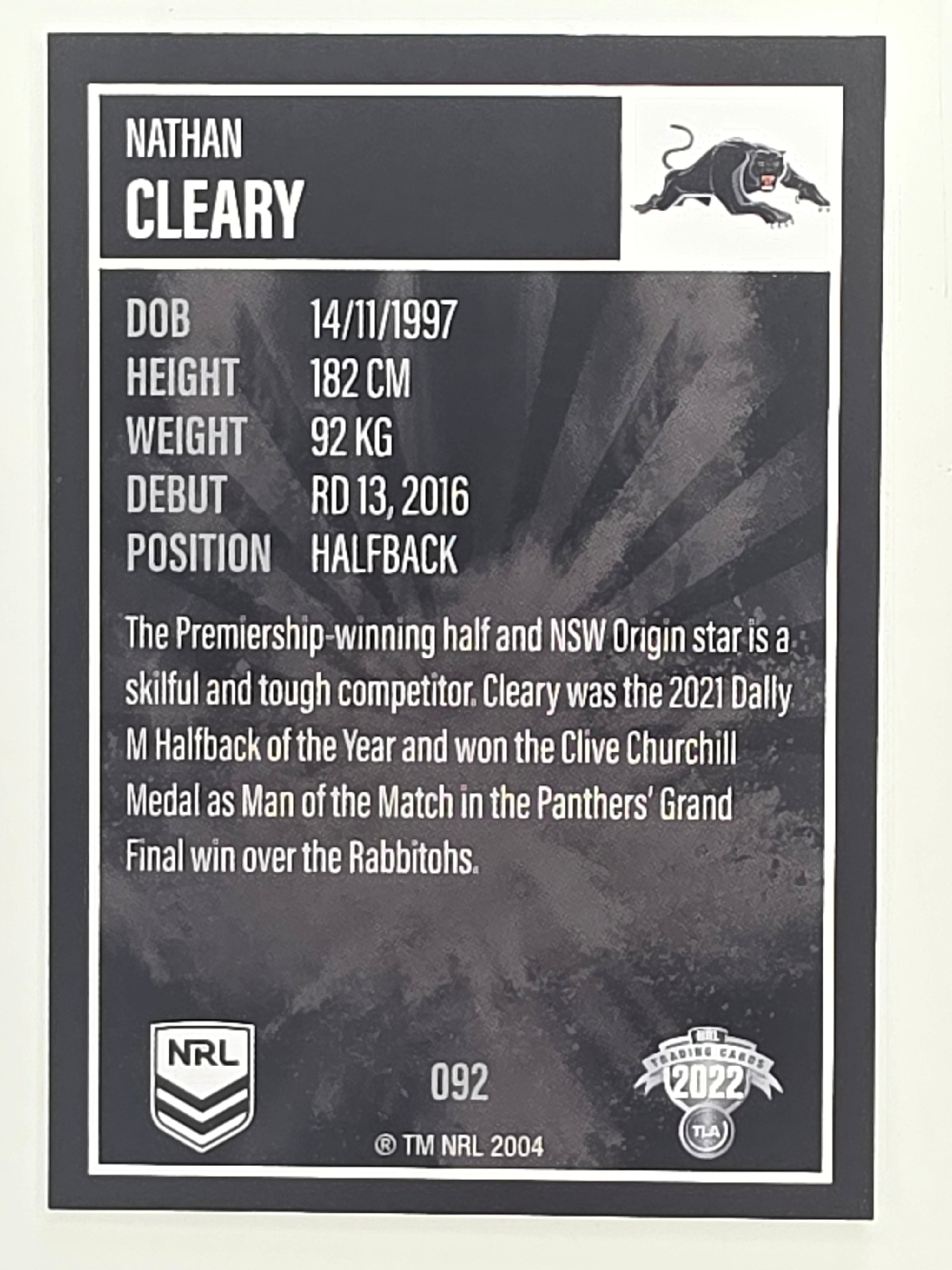 NRL 2022 Elite Base Card #092 Nathan Cleary Penrith Panthers