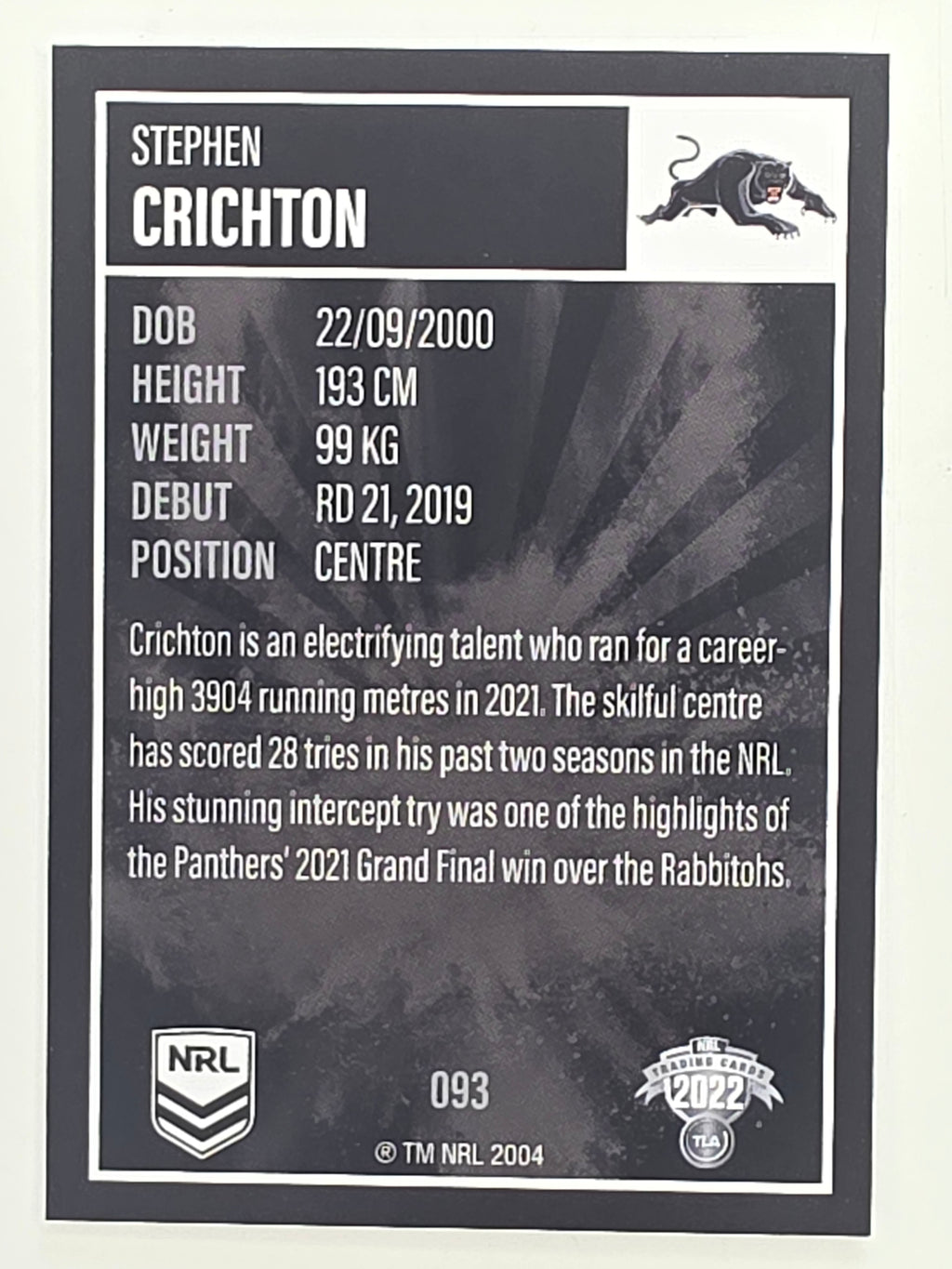 NRL 2022 Elite Base Card #093 Stephen Crichton Penrith Panthers