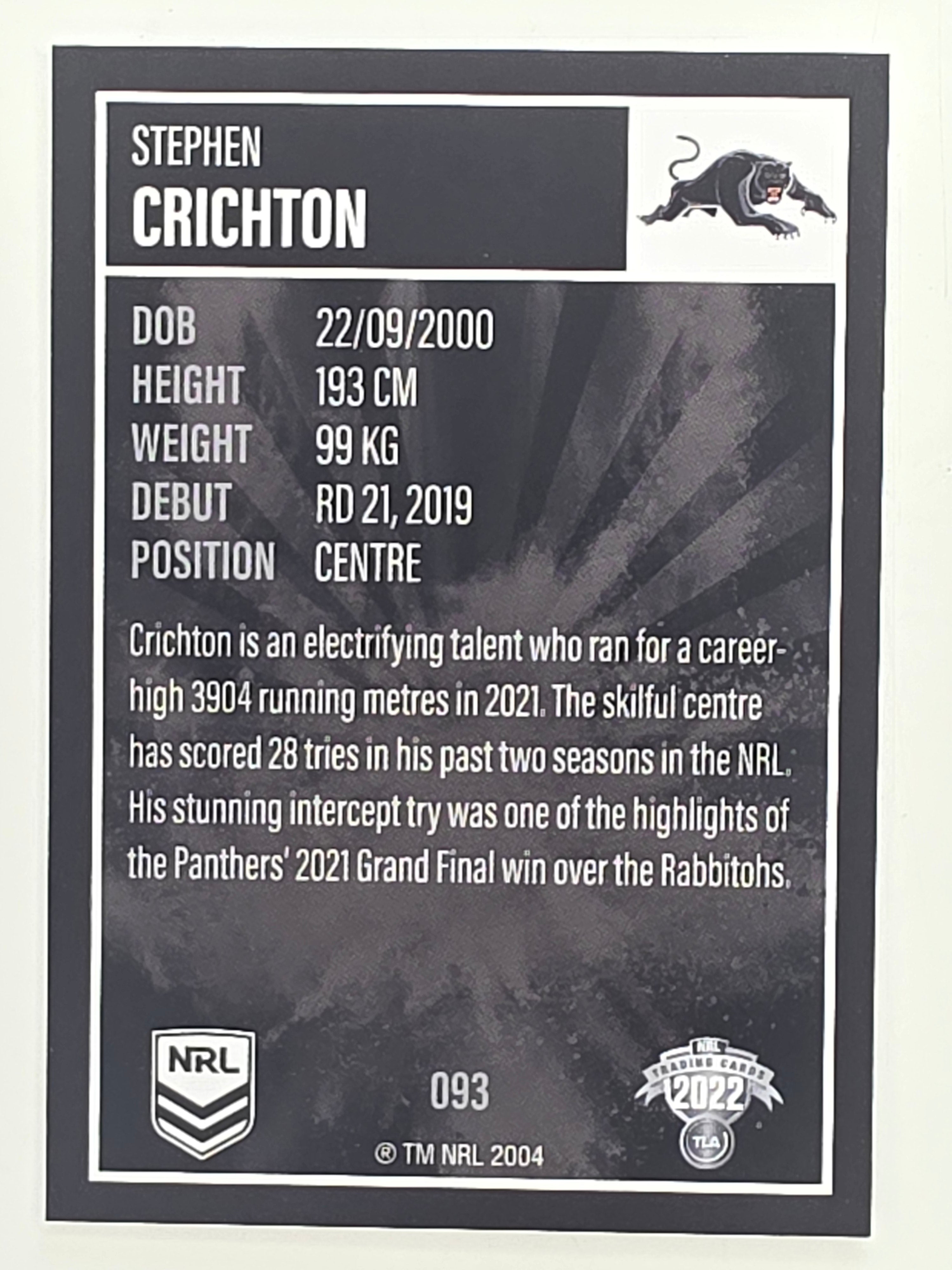 NRL 2022 Elite Base Card #093 Stephen Crichton Penrith Panthers