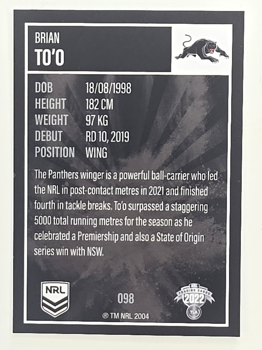 NRL 2022 Elite Base Card #098 Brian To’o Penrith Panthers
