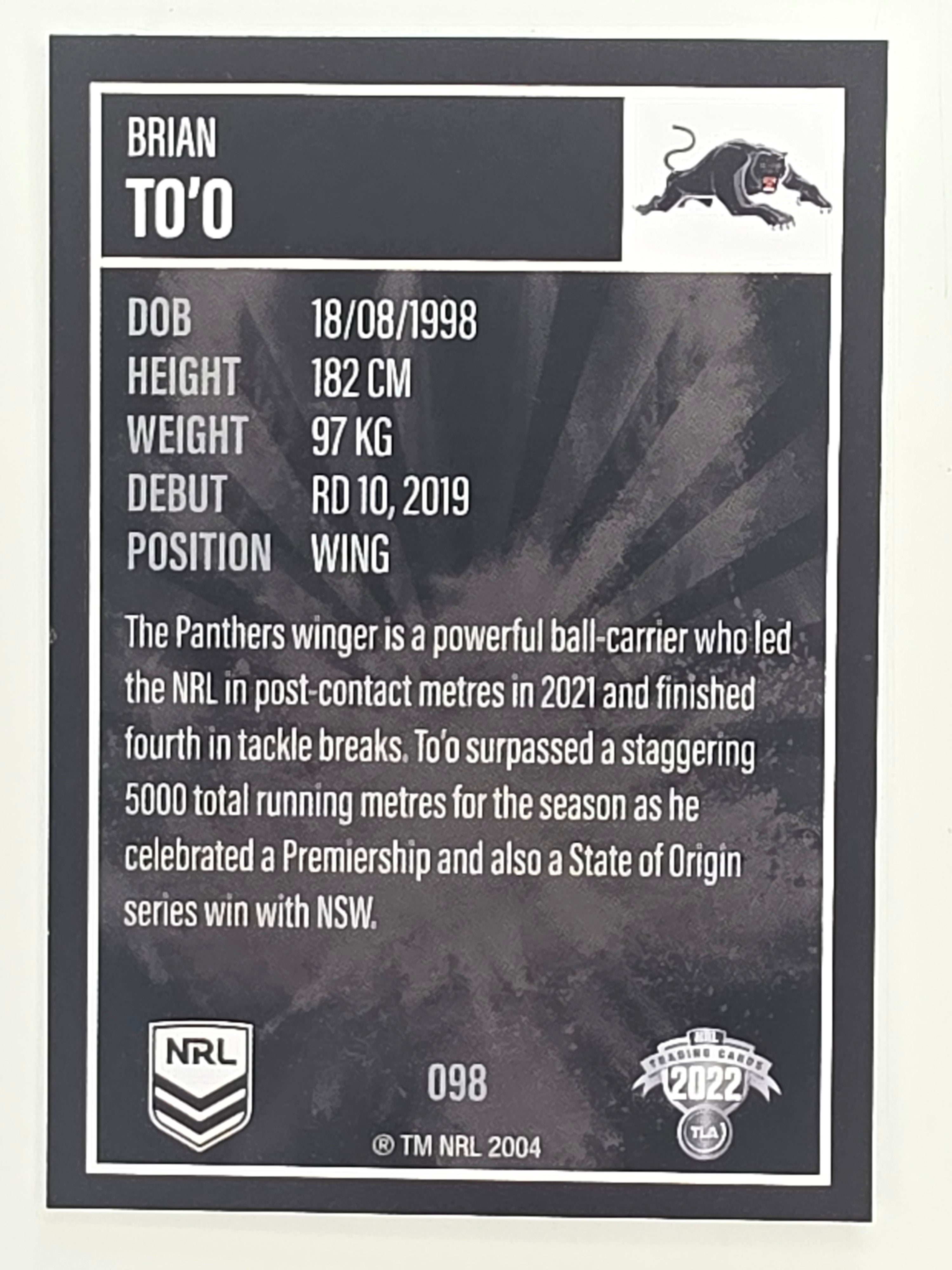 NRL 2022 Elite Base Card #098 Brian To’o Penrith Panthers