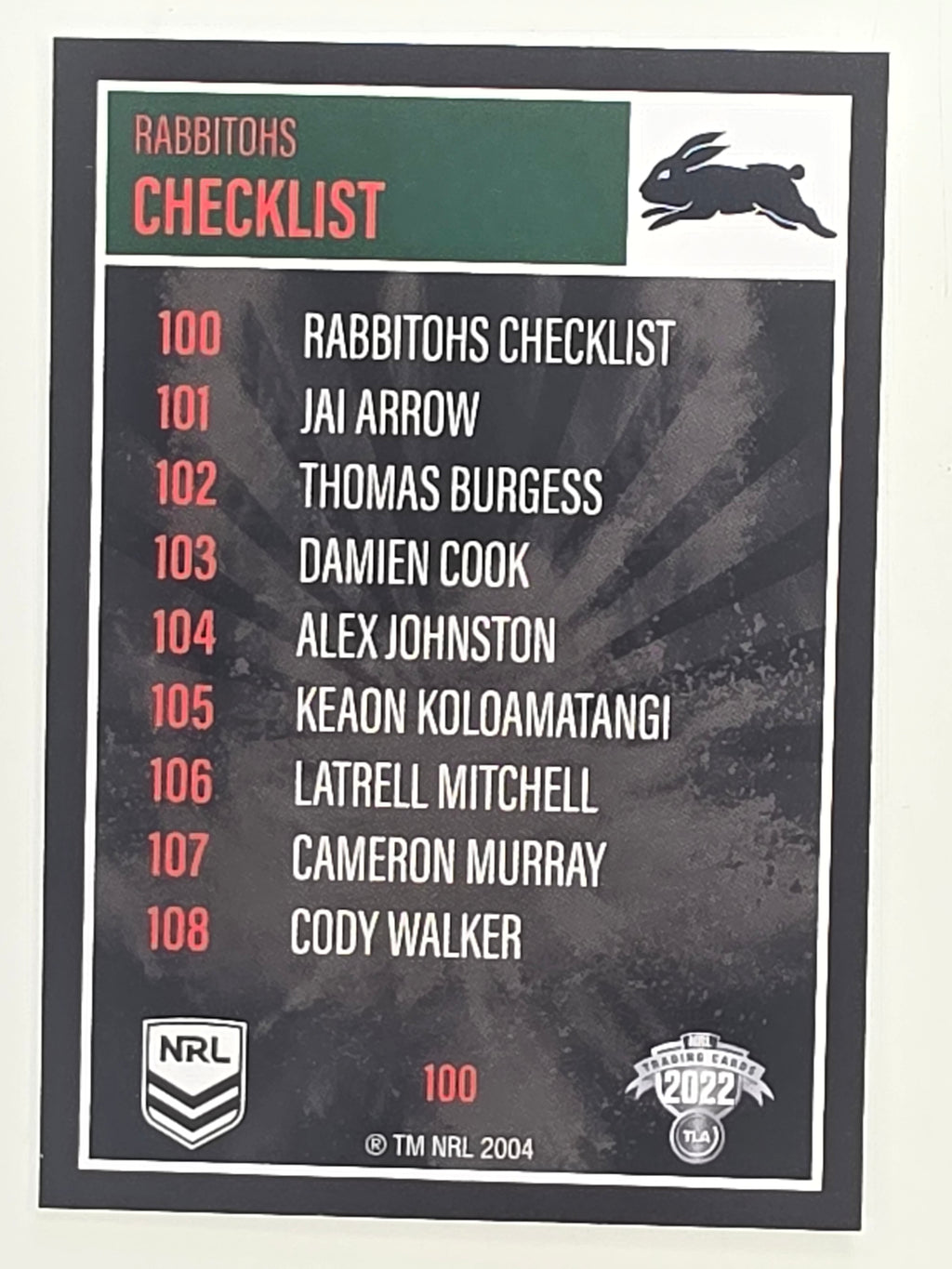 NRL 2022 Elite Base Card #100 Rabbitohs Checklist South Sydney Rabbitohs
