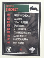 NRL 2022 Elite Base Card #100 Rabbitohs Checklist South Sydney Rabbitohs