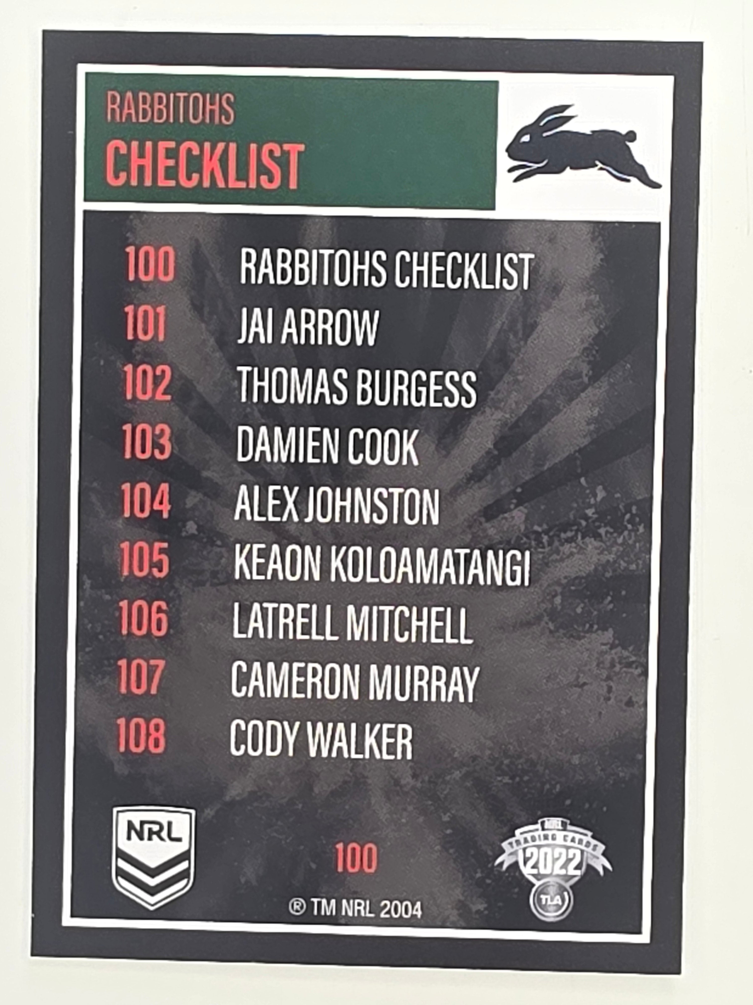 NRL 2022 Elite Base Card #100 Rabbitohs Checklist South Sydney Rabbitohs