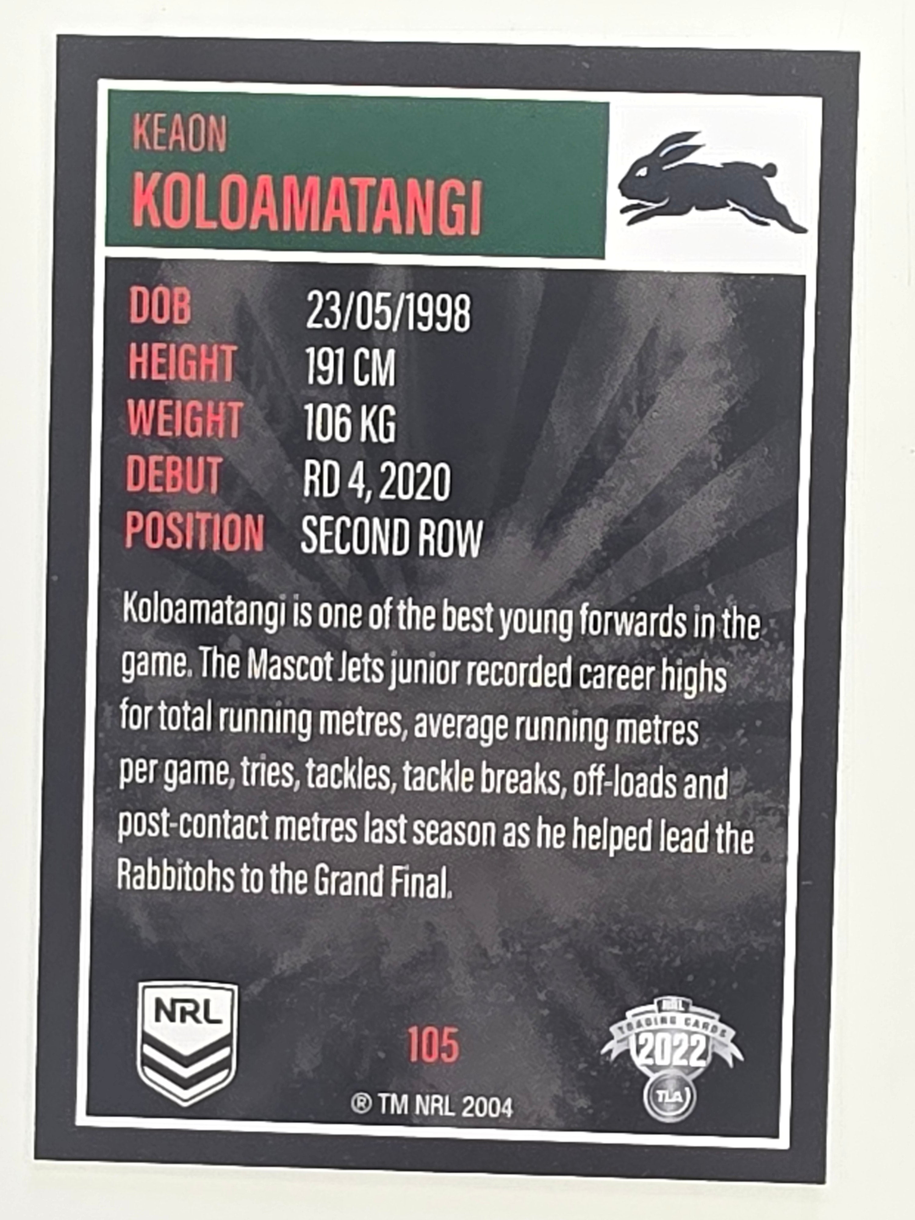 NRL 2022 Elite Base Card #105 Keaon Koloamatangi South Sydney Rabbitohs