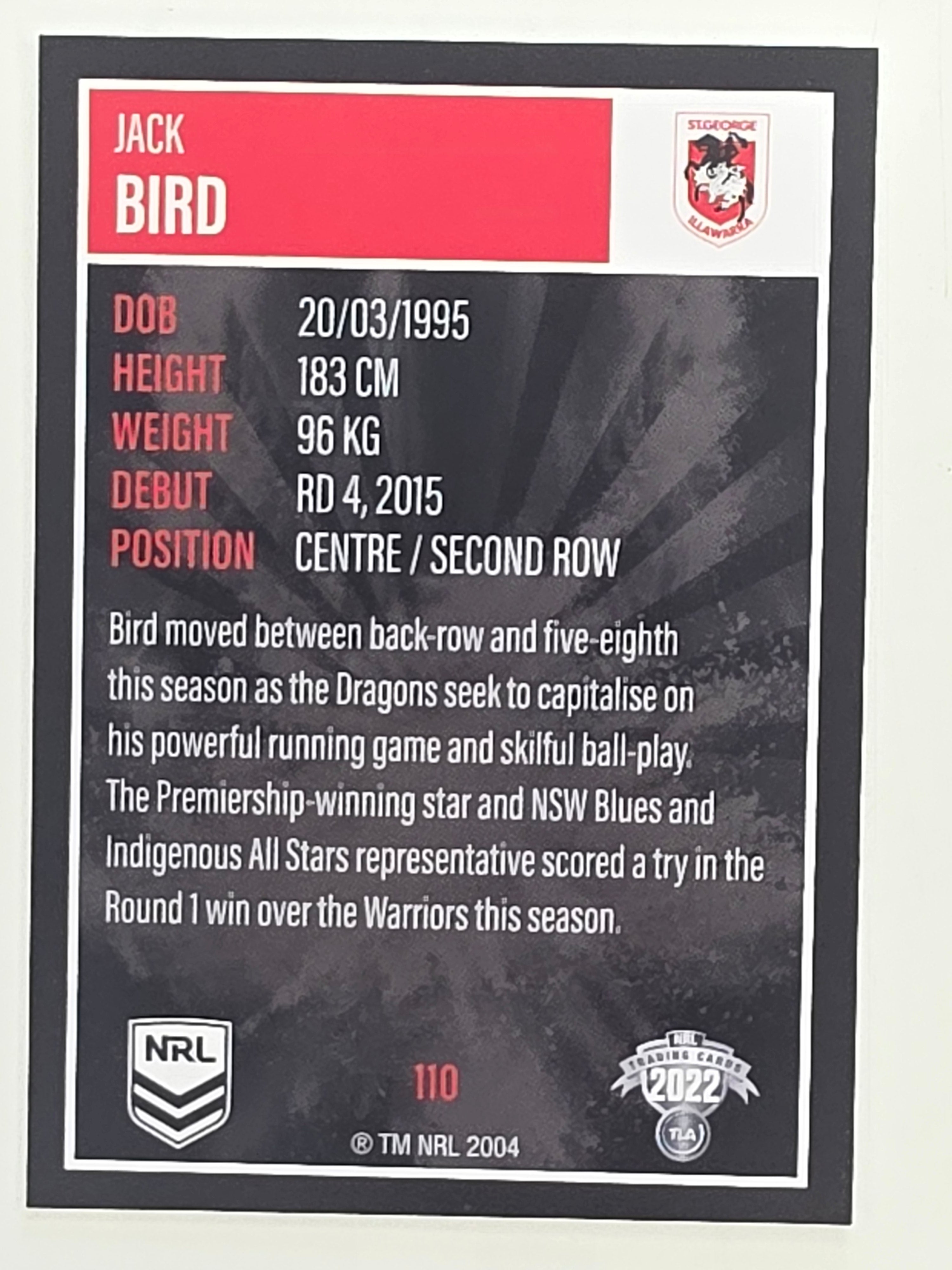 NRL 2022 Elite Base Card #110 Jack Bird St George Illawarra Dragons