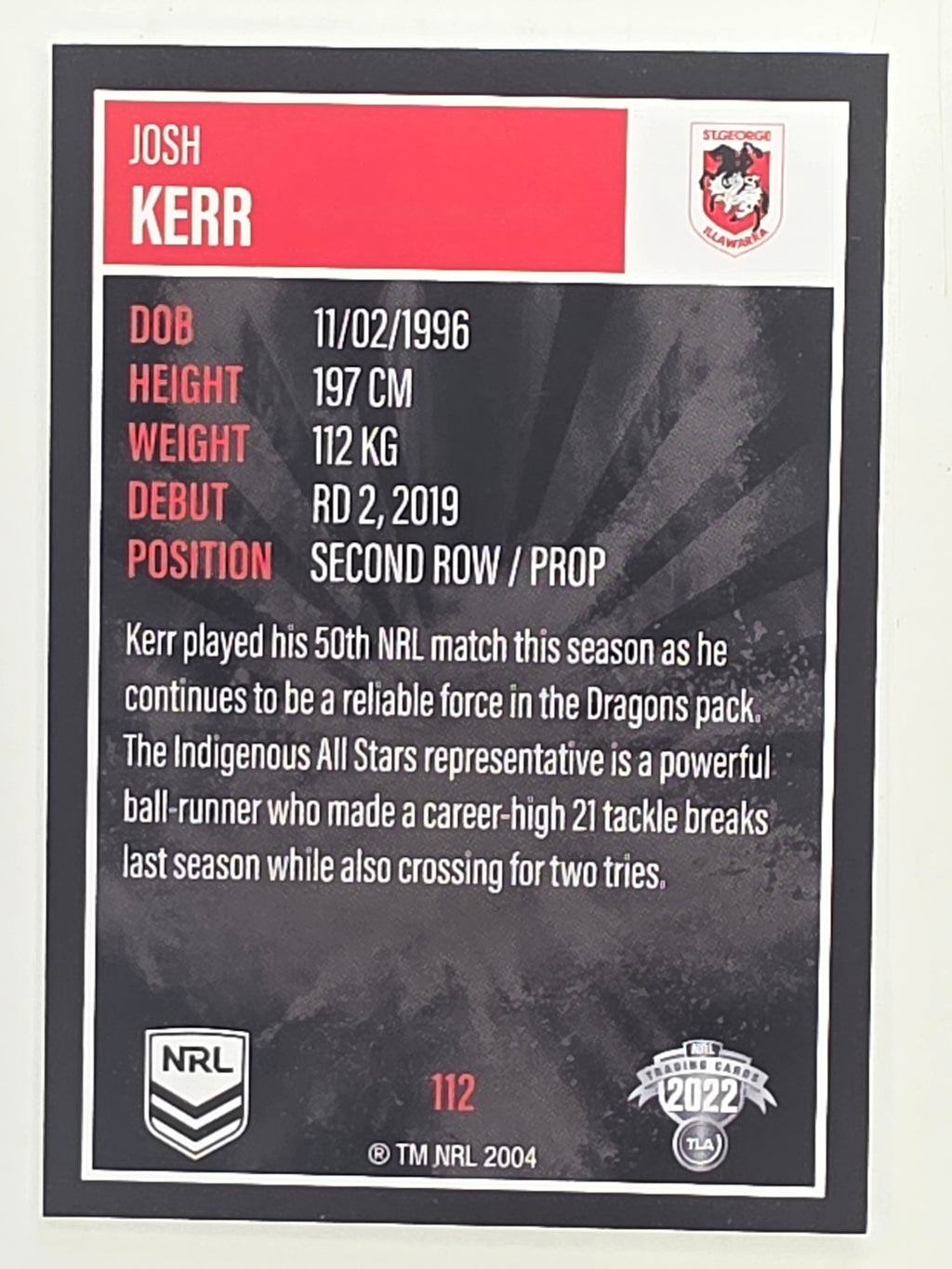 NRL 2022 Elite Base Card #112 Josh Kerr St George Illawarra Dragons