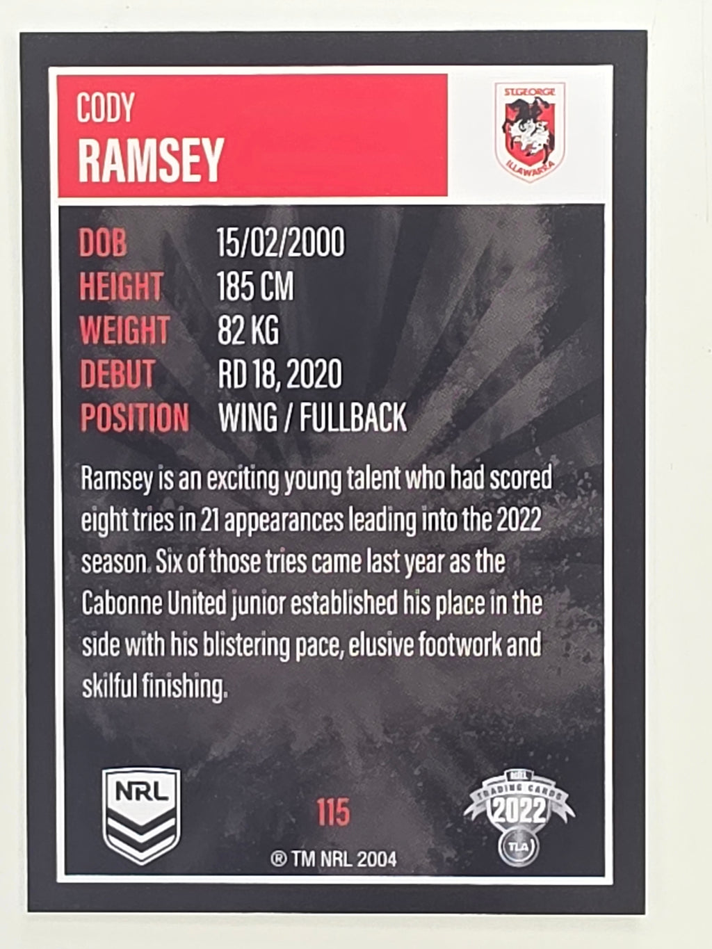 NRL 2022 Elite Base Card #115 Cody Ramsey St George Illawarra Dragons