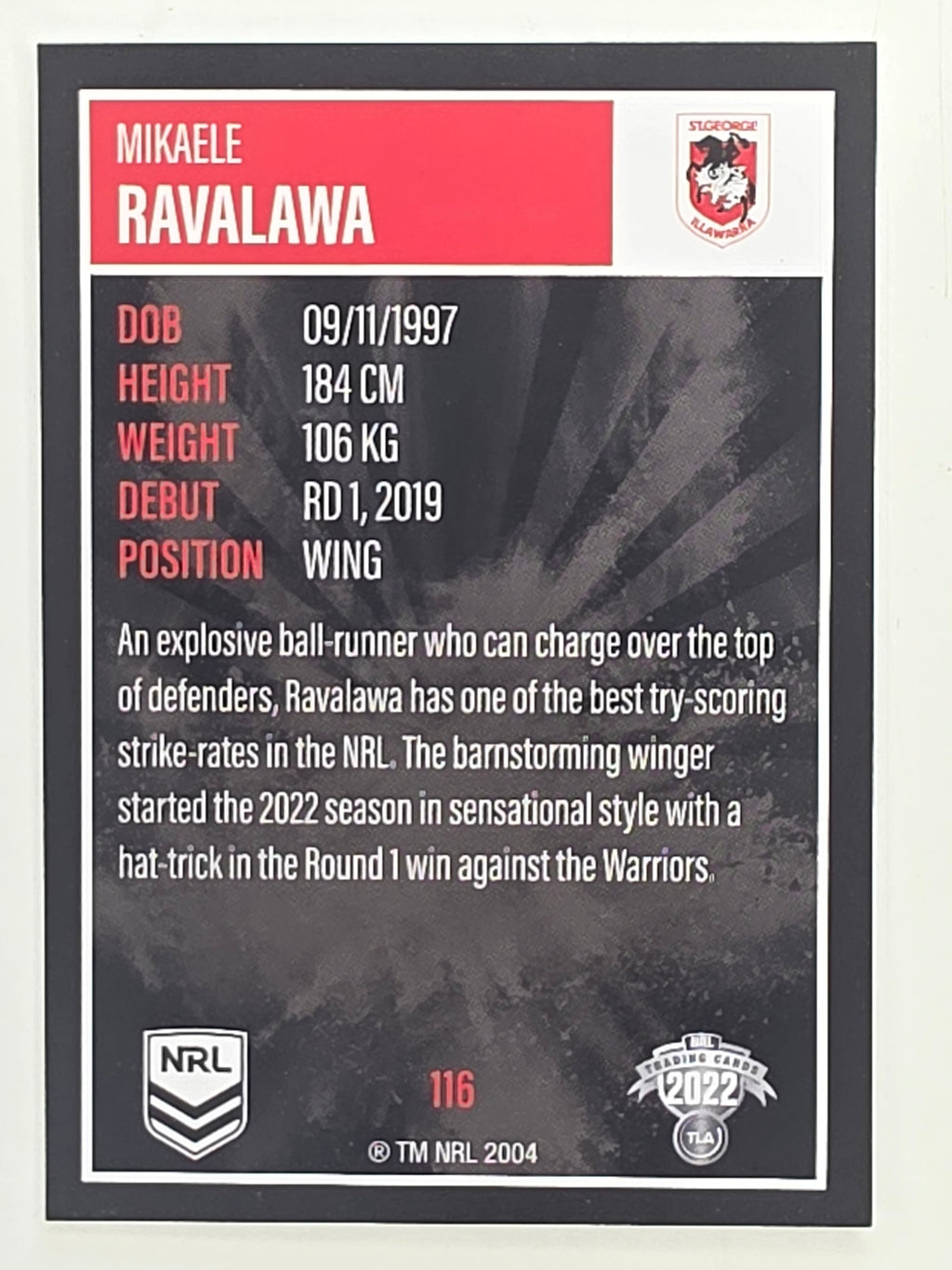 NRL 2022 Elite Base Card #116 Mikaele Ravalawa St George Illawarra Dragons