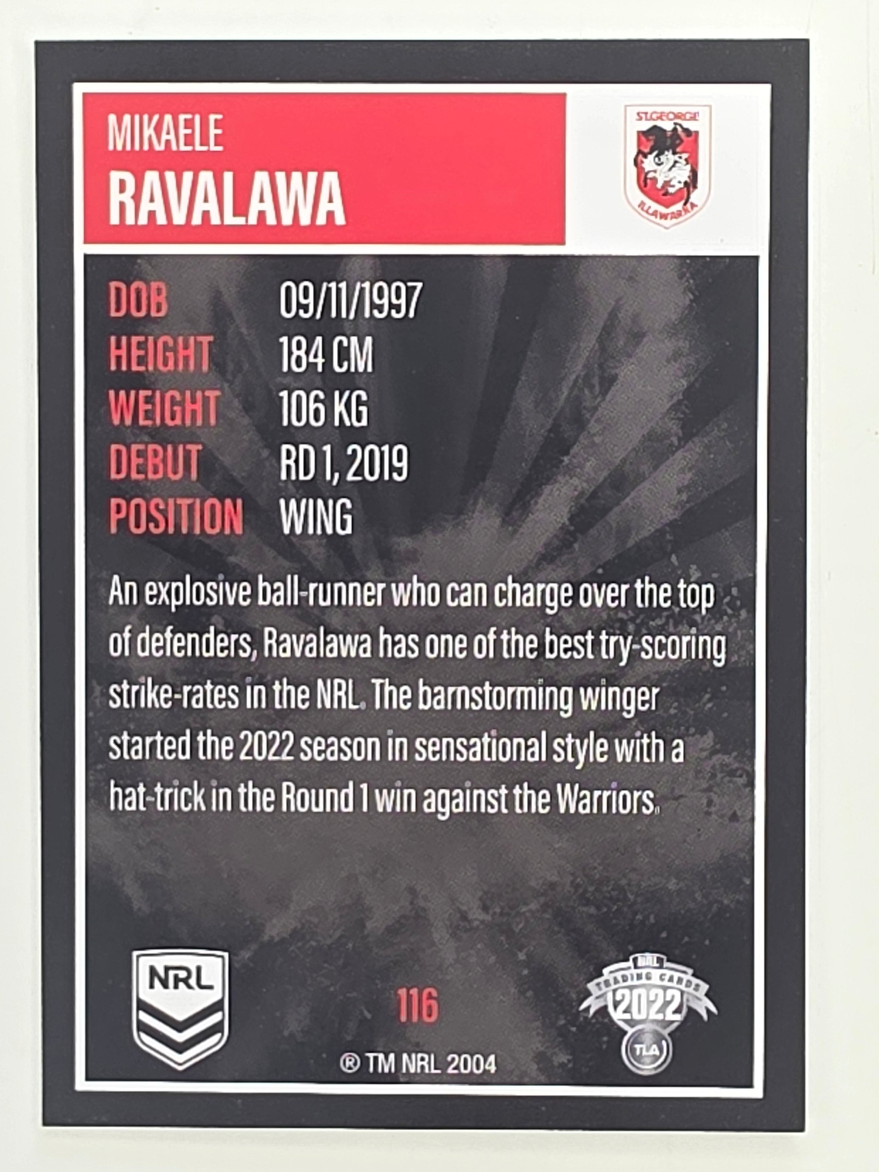 NRL 2022 Elite Base Card #116 Mikaele Ravalawa St George Illawarra Dragons