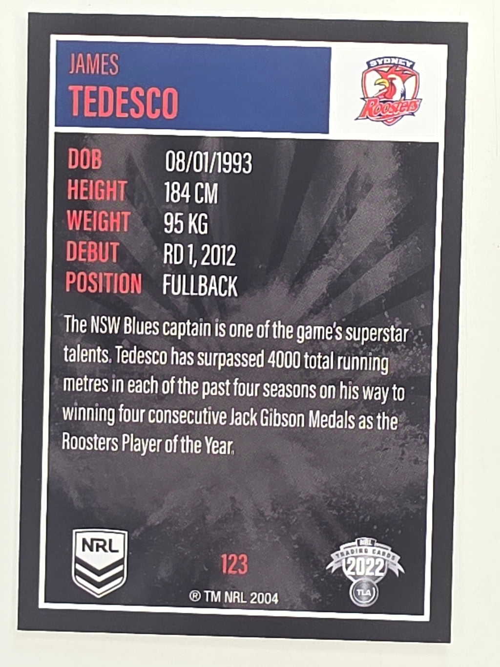 NRL 2022 Elite Base Card #123 James Tedesco Sydney Roosters