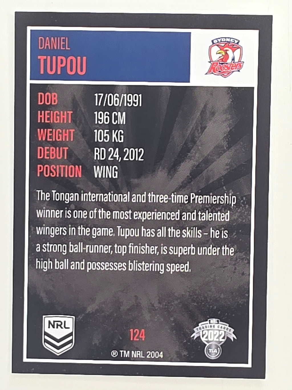 NRL 2022 Elite Base Card #124 Daniel Tupou Sydney Roosters