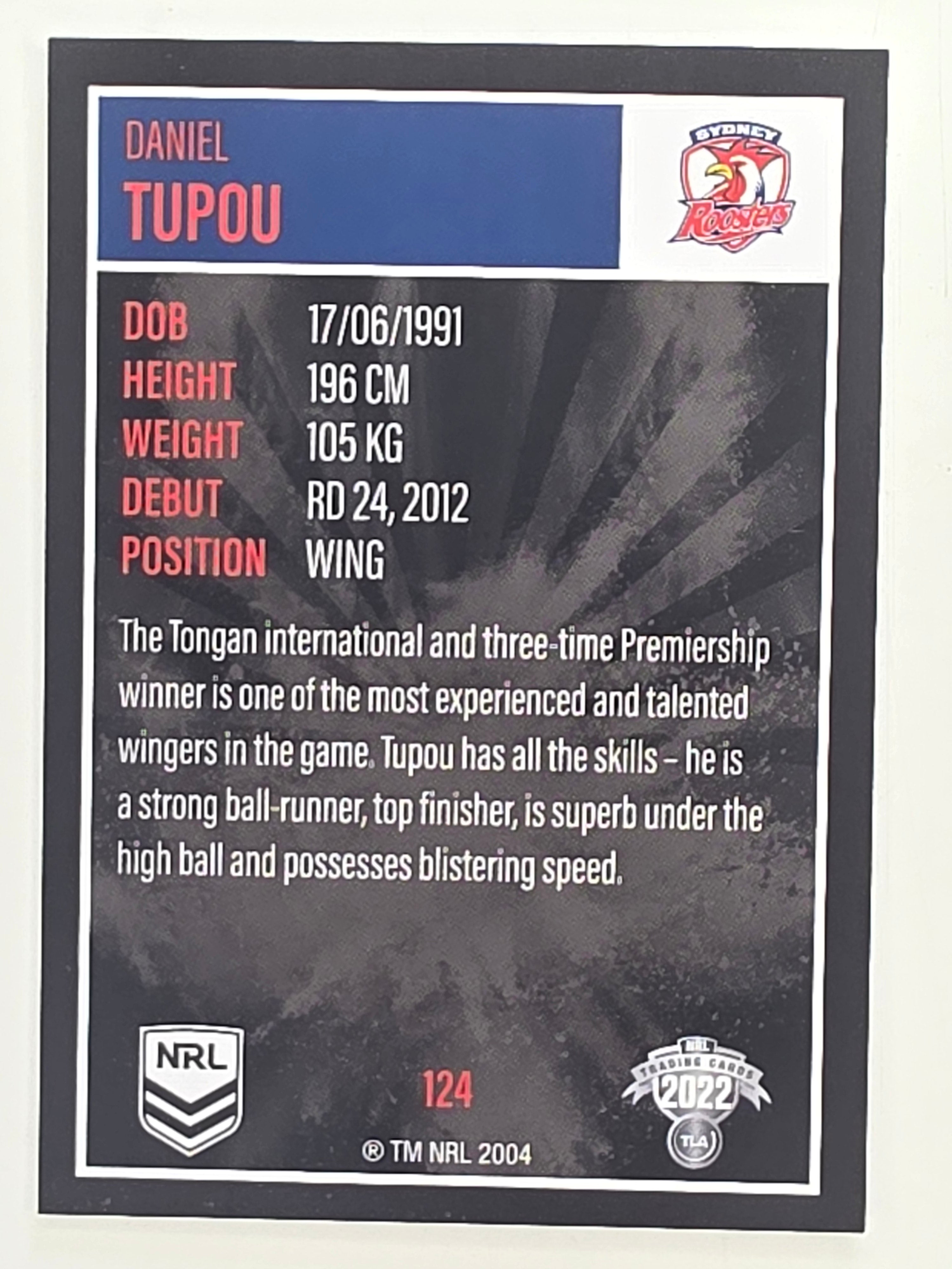 NRL 2022 Elite Base Card #124 Daniel Tupou Sydney Roosters