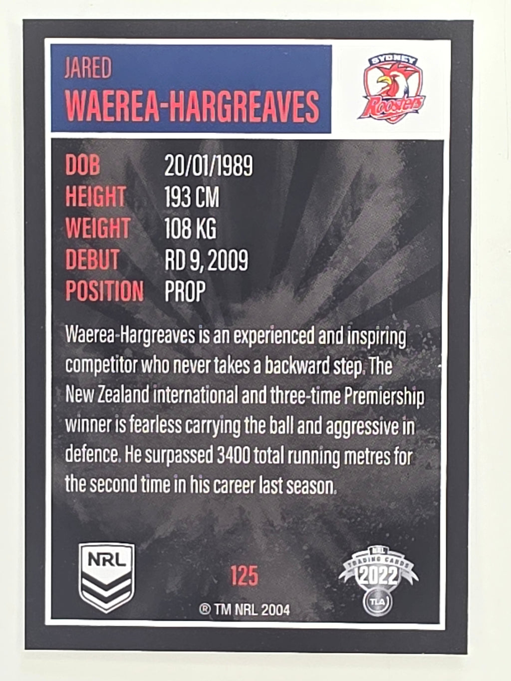 NRL 2022 Elite Base Card #125 Jared Waerea-Hargreaves Sydney Roosters