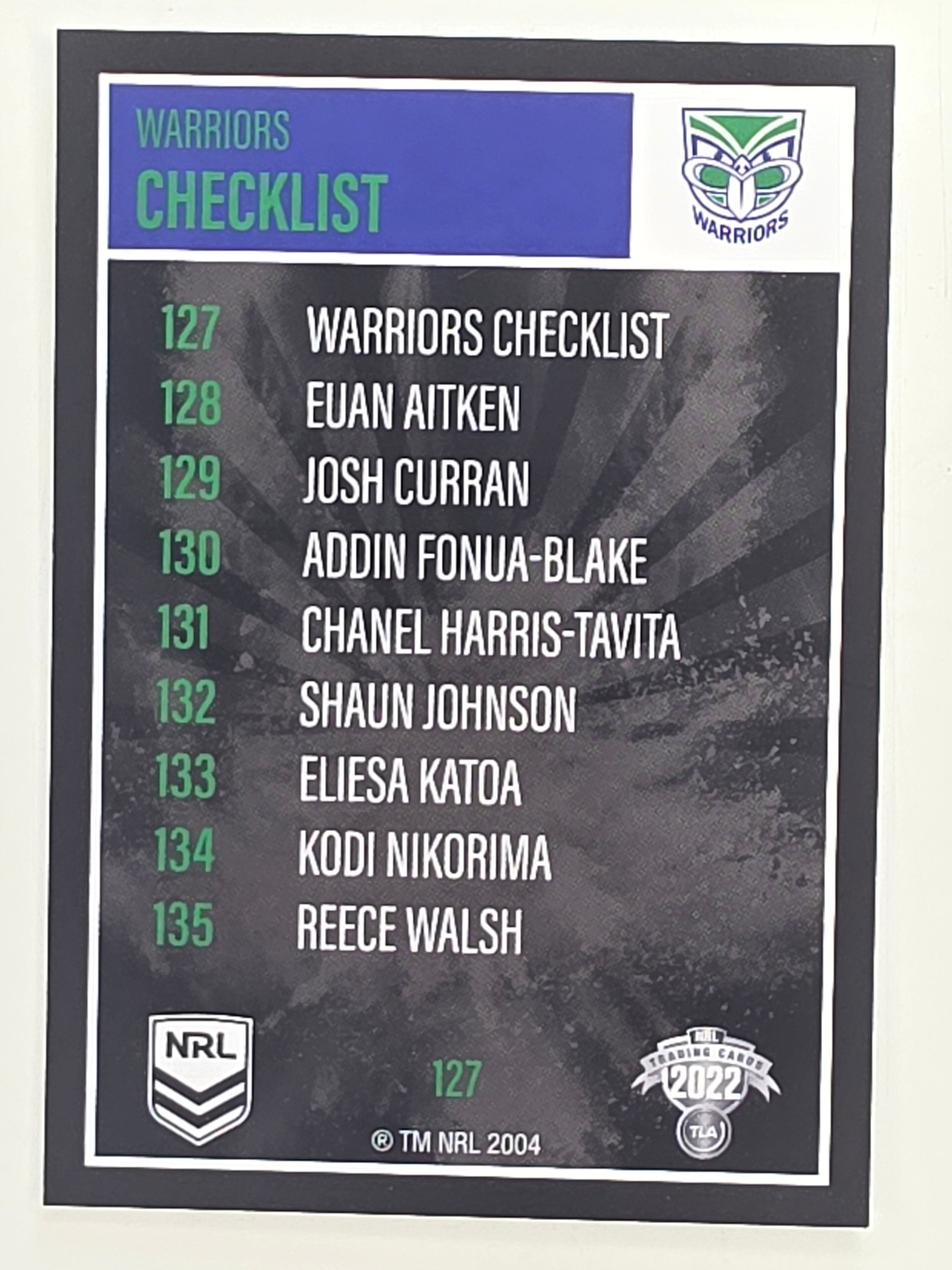 NRL 2022 Elite Base Card #127 Warriors Checklist New Zealand Warriors