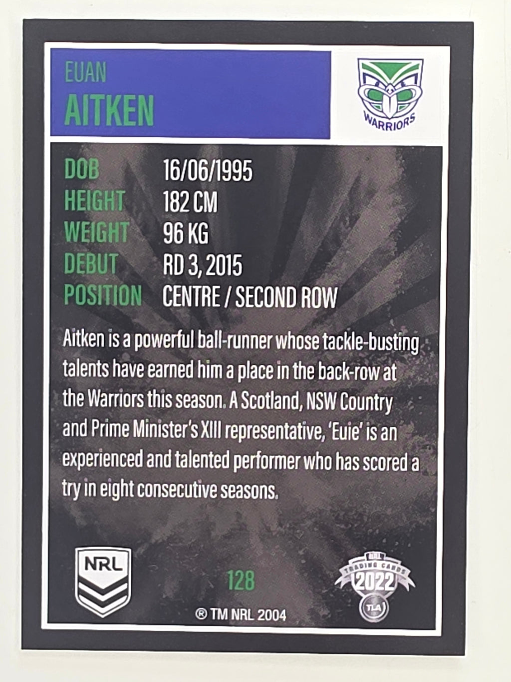 NRL 2022 Elite Base Card #128 Euan Aitken New Zealand Warriors