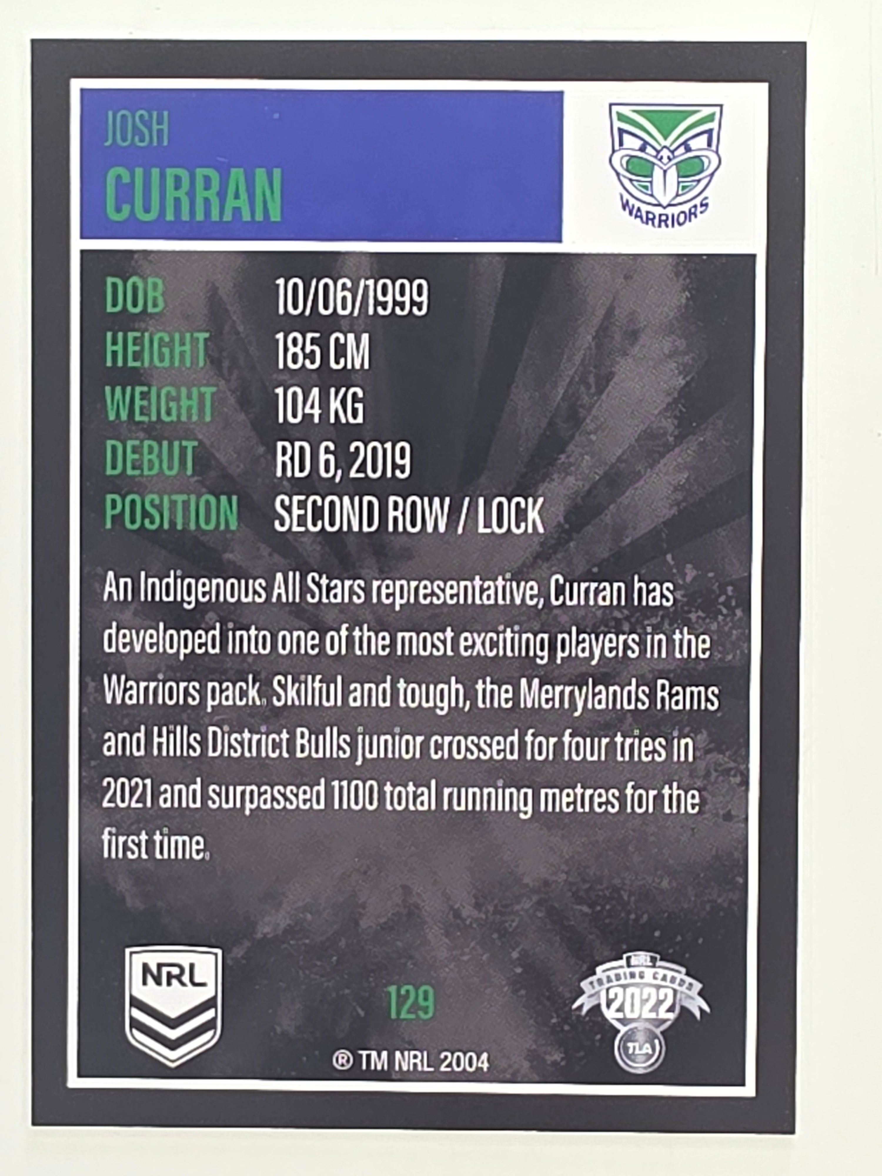 NRL 2022 Elite Base Card #129 Josh Curran New Zealand Warriors