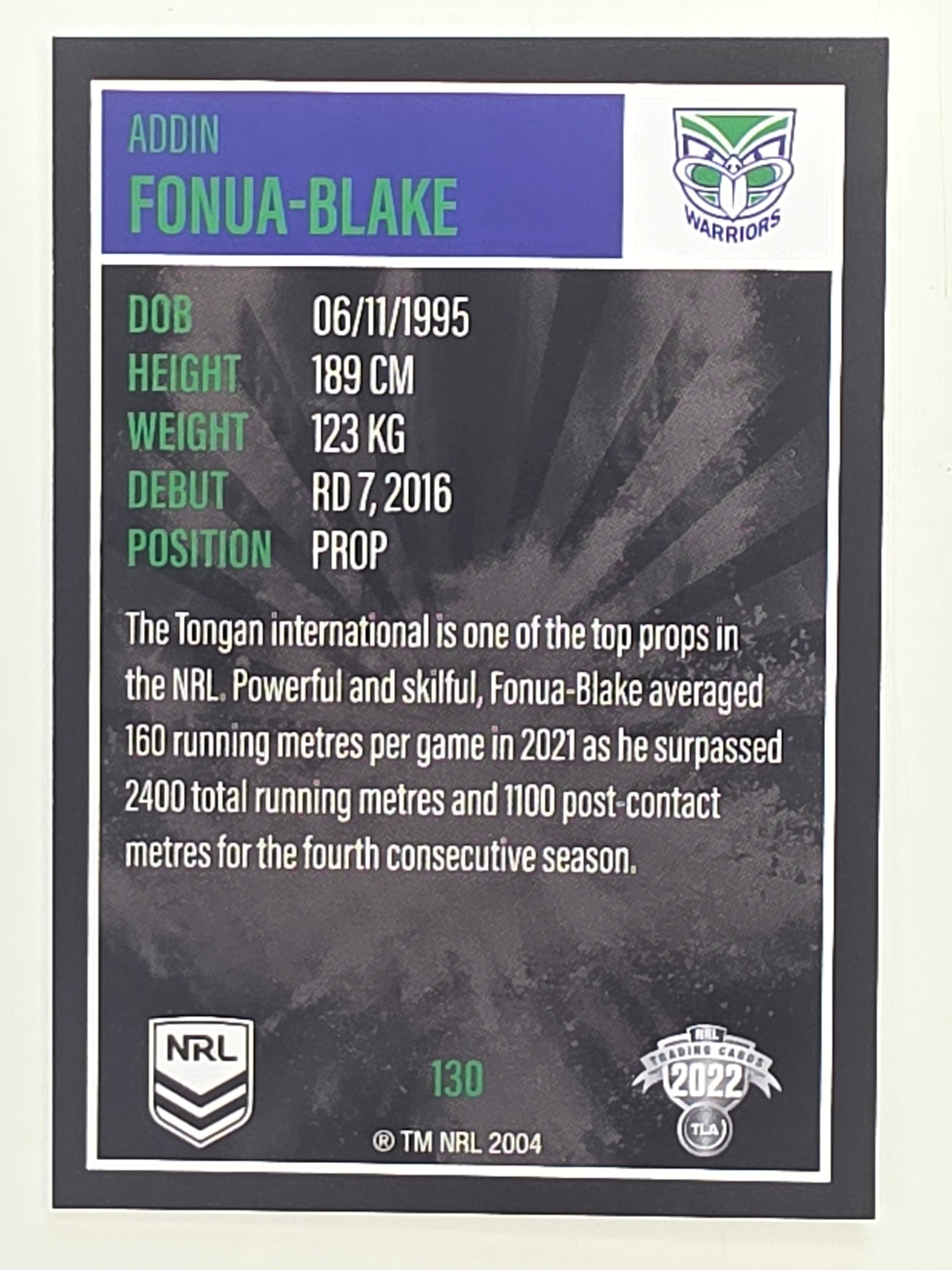 NRL 2022 Elite Base Card #130 Addin Fonua-Blake New Zealand Warriors