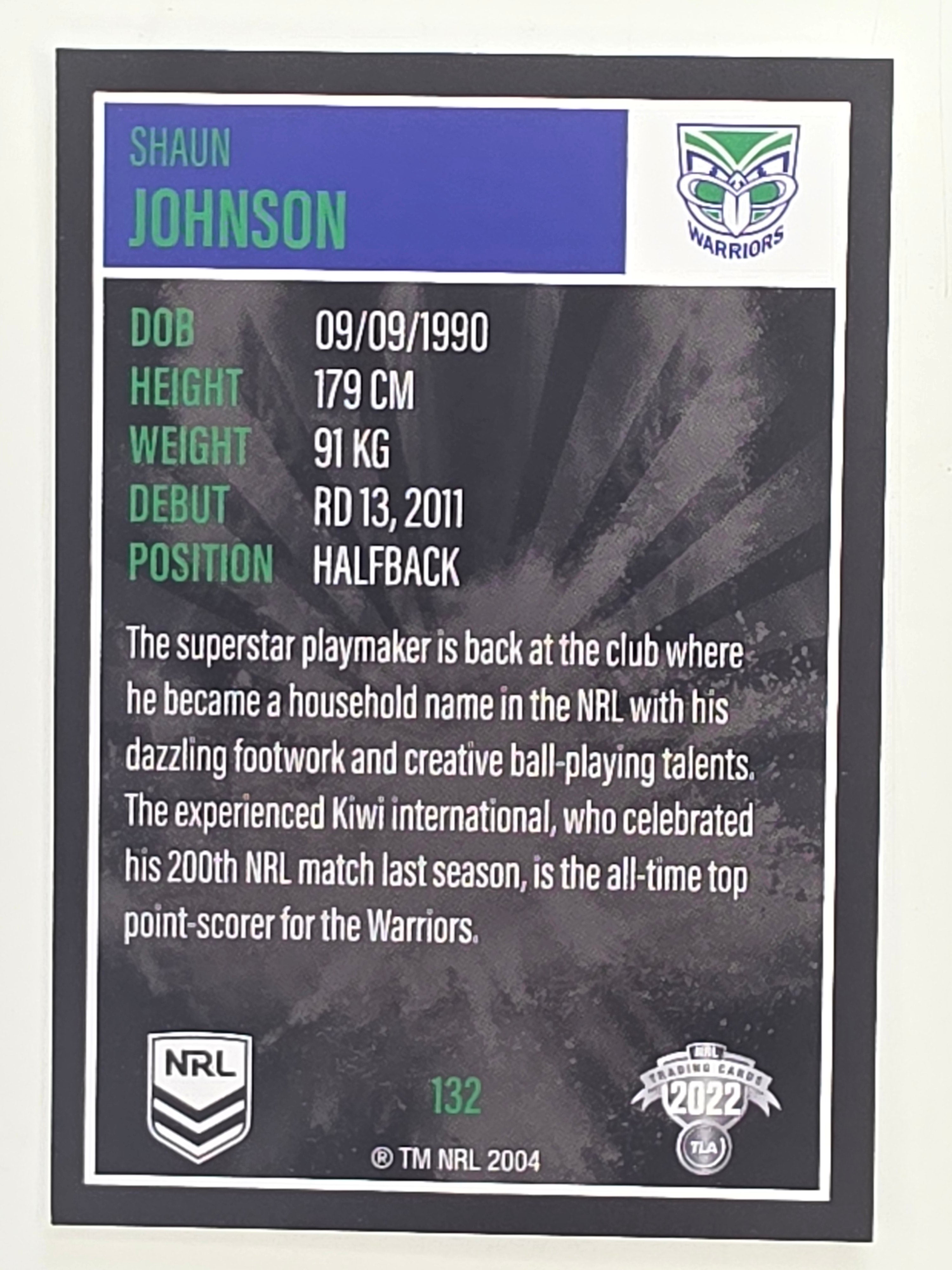 NRL 2022 Elite Base Card #132 Shaun Johnson New Zealand Warriors