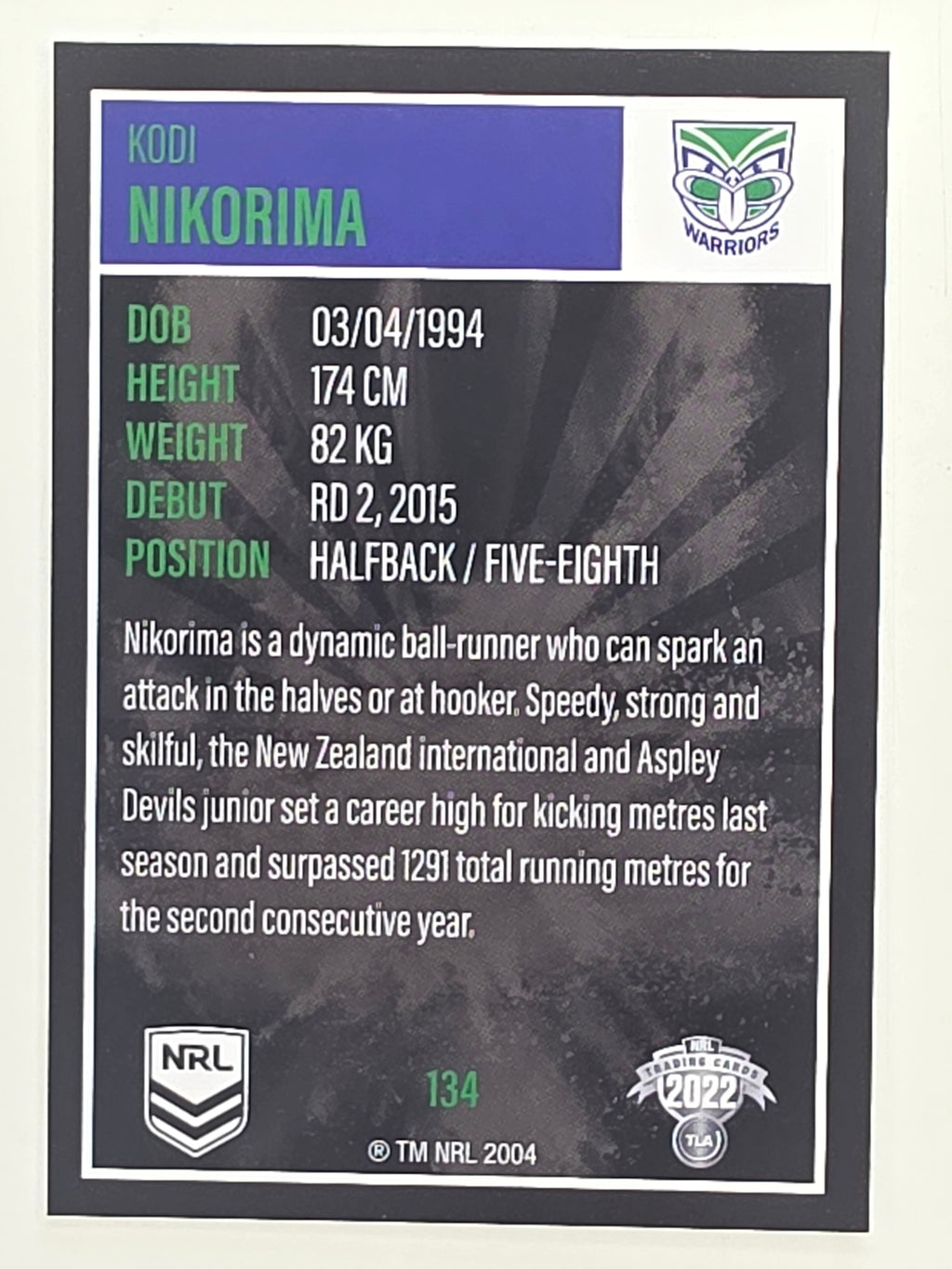 NRL 2022 Elite Base Card #134 Kodi Nikorima New Zealand Warriors