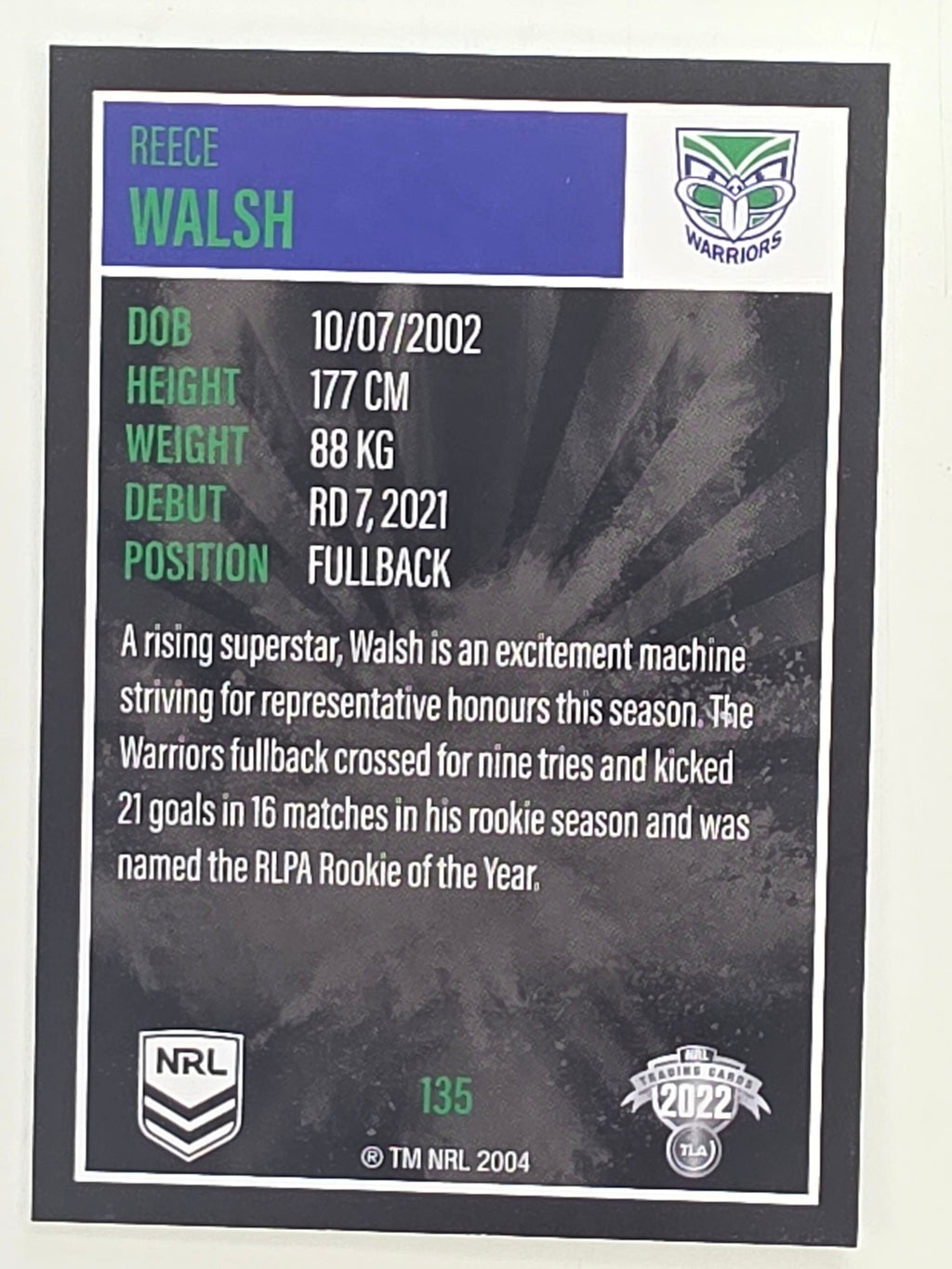 NRL 2022 Elite Base Card #135 Reece Walsh New Zealand Warriors