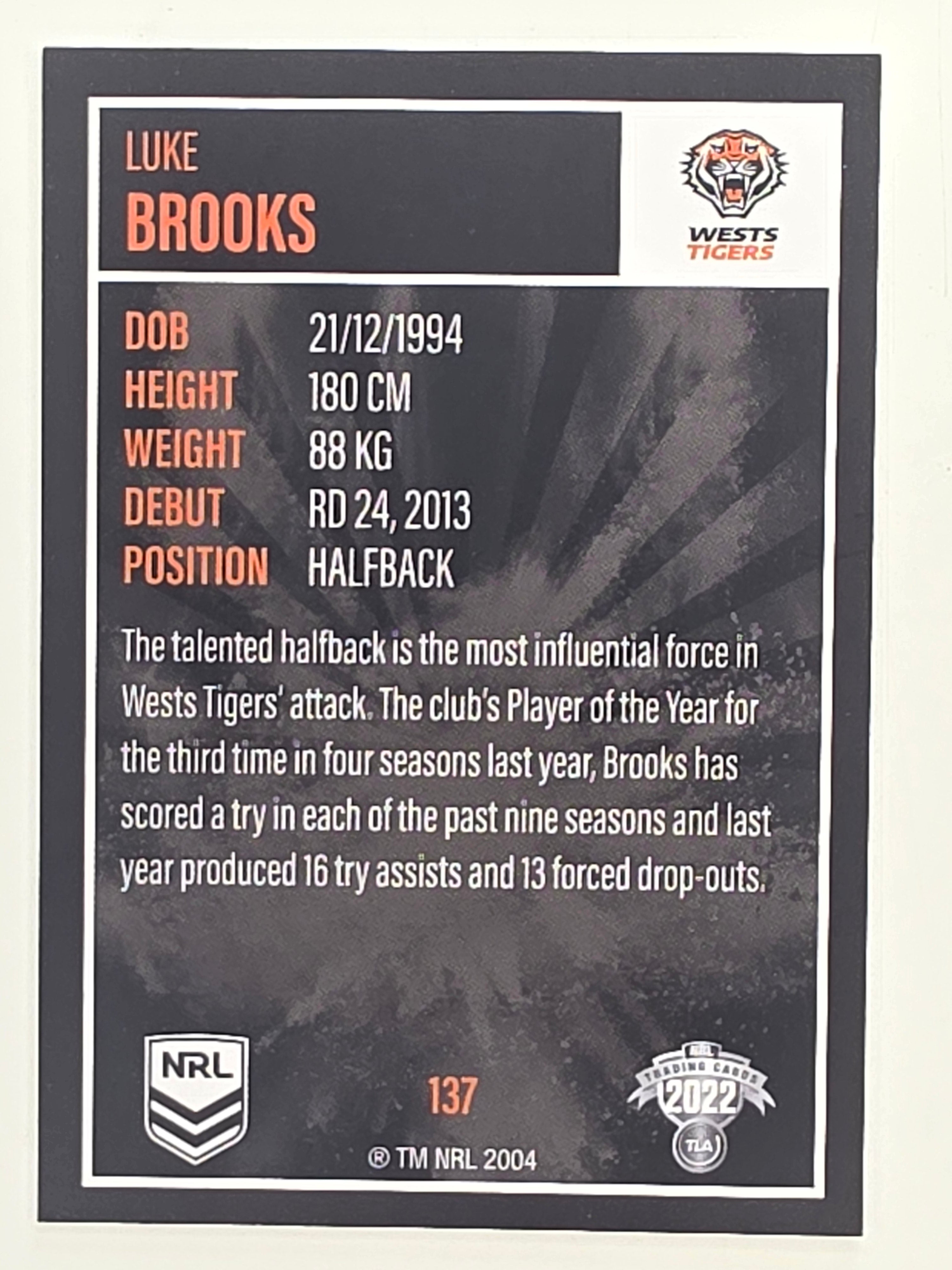 NRL 2022 Elite Base Card #137 Luke Brooks Wests Tigers