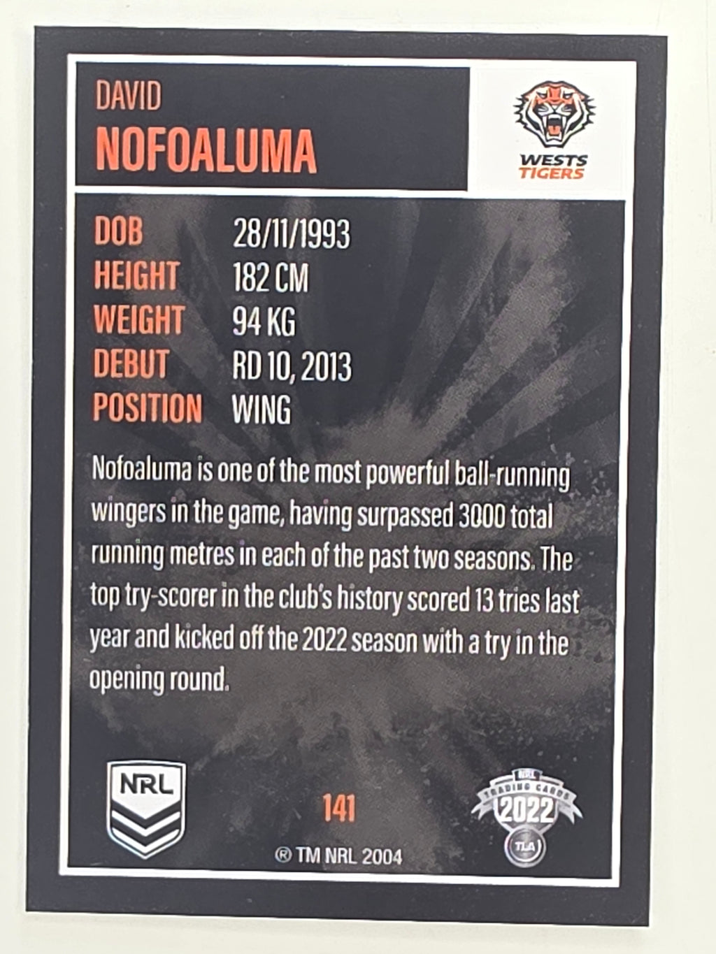 NRL 2022 Elite Base Card #141 David Nofoaluma Wests Tigers
