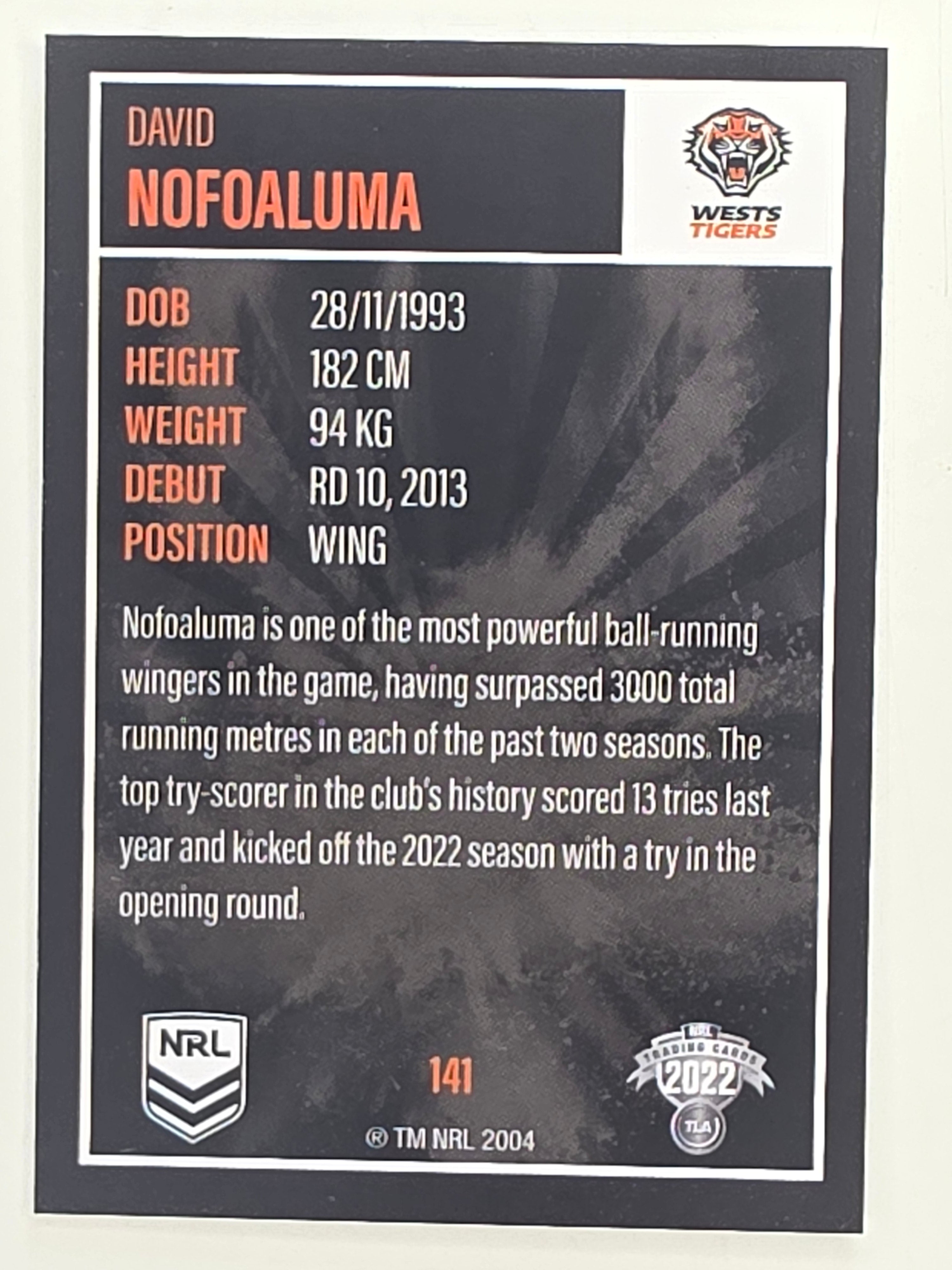 NRL 2022 Elite Base Card #141 David Nofoaluma Wests Tigers
