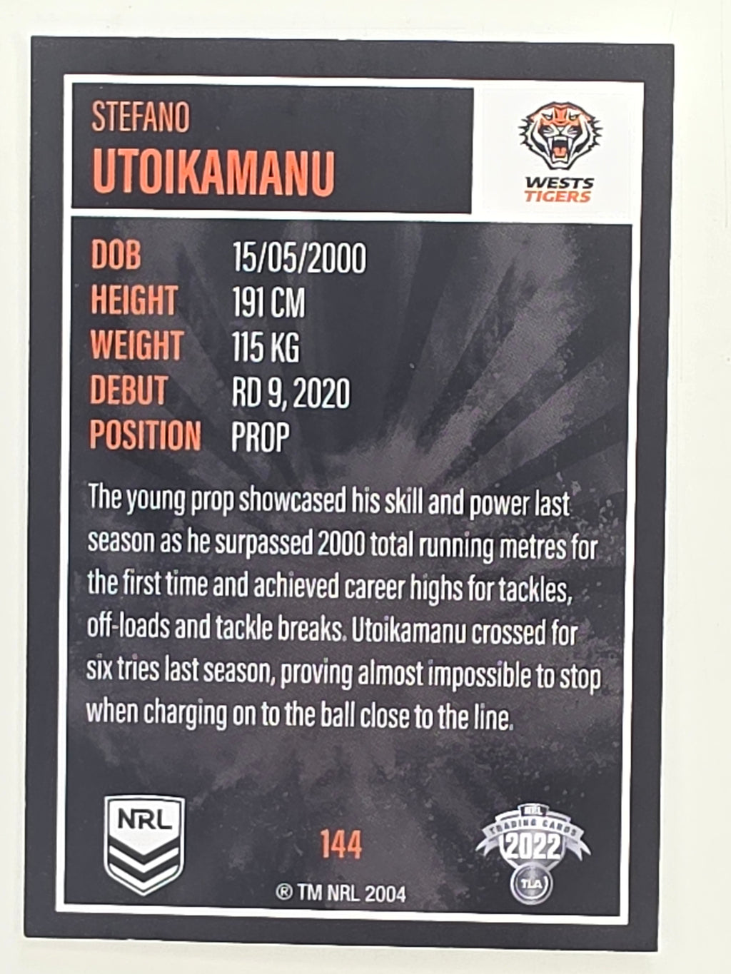 NRL 2022 Elite Base Card #144 Stefano Utoikamanu Wests Tigers