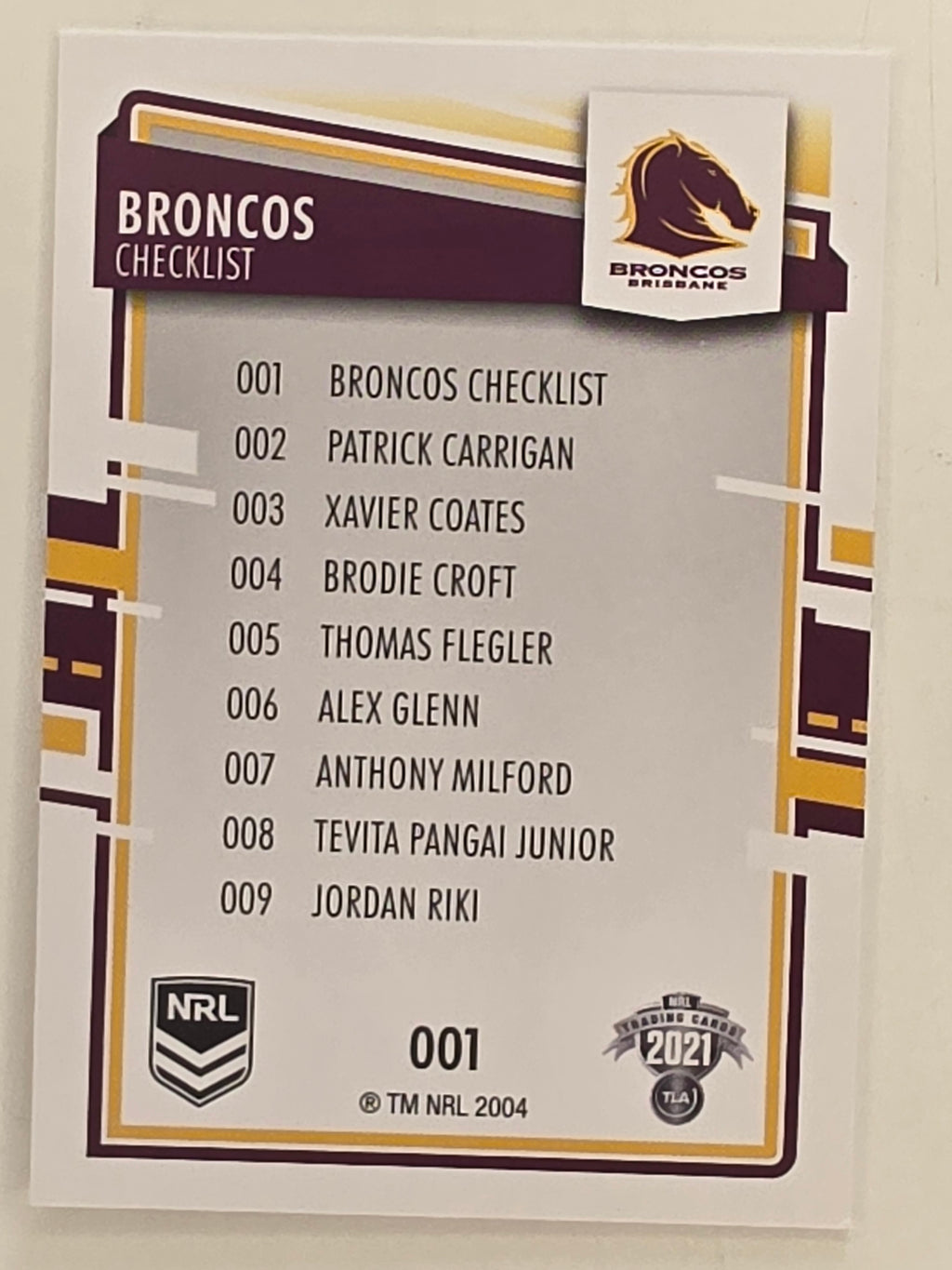 NRL 2021 Elite Base Card #001 Broncos Checklist Brisbane Broncos