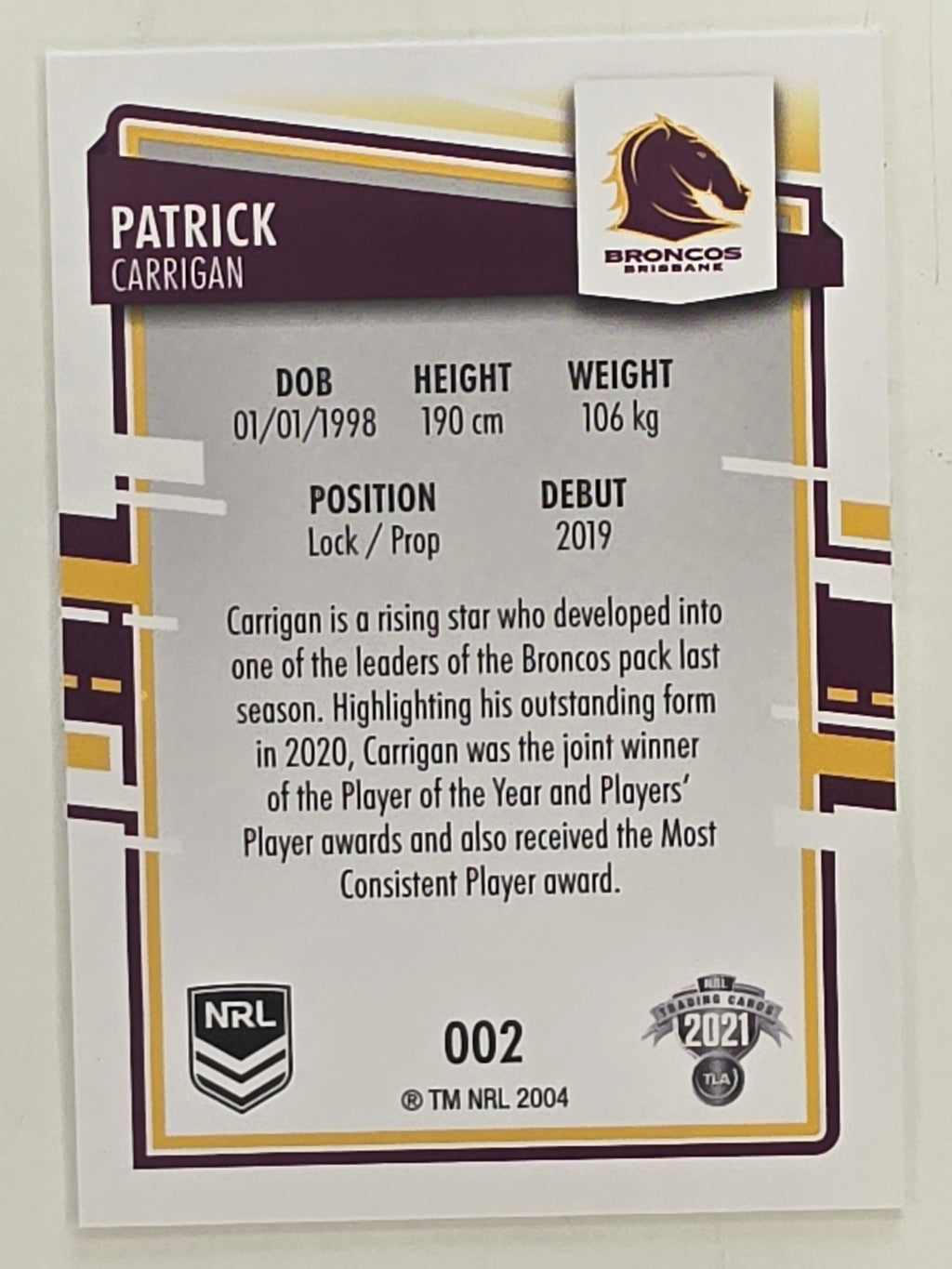 NRL 2021 Elite Base Card #002 Patrick Carrigan Brisbane Broncos