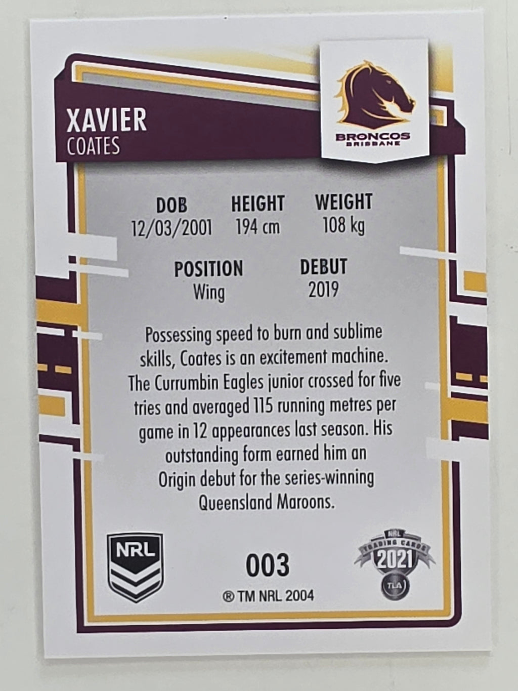 NRL 2021 Elite Base Card #003 Xavier Coates Brisbane Broncos