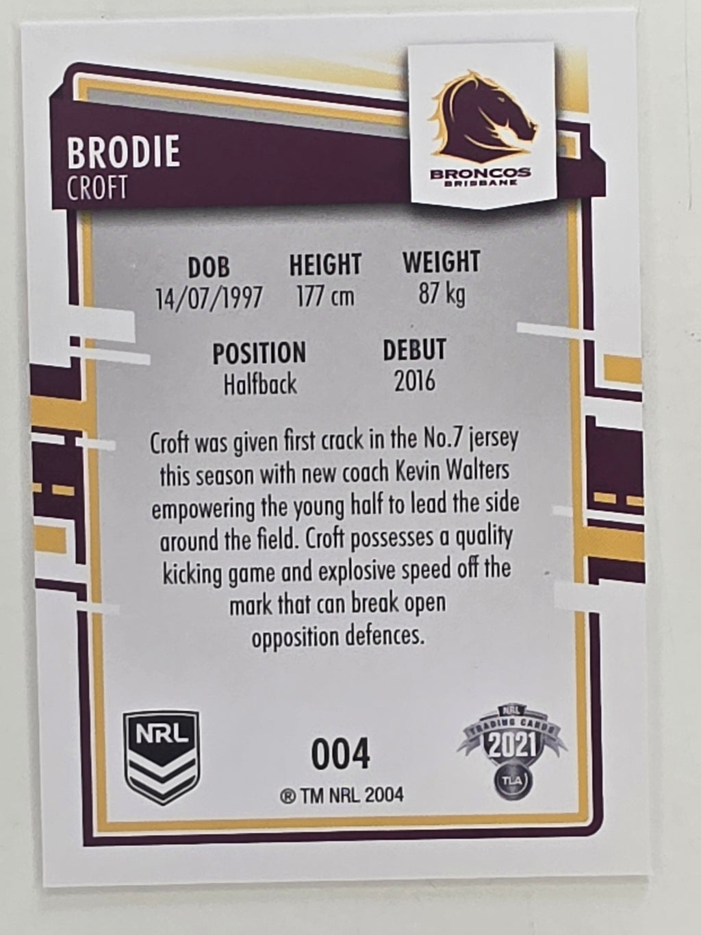 NRL 2021 Elite Base Card #004 Brodie Croft Brisbane Broncos